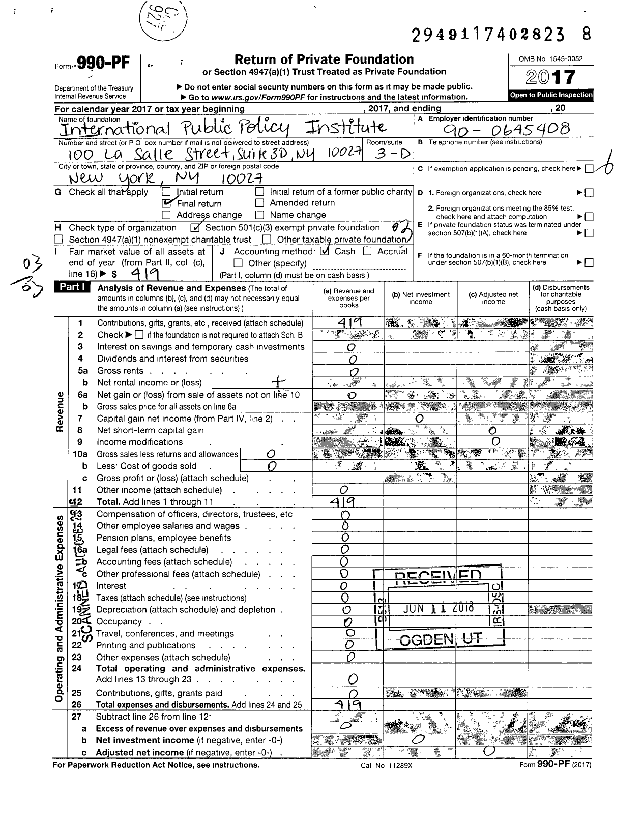 Image of first page of 2017 Form 990PF for International Public Policy Institute