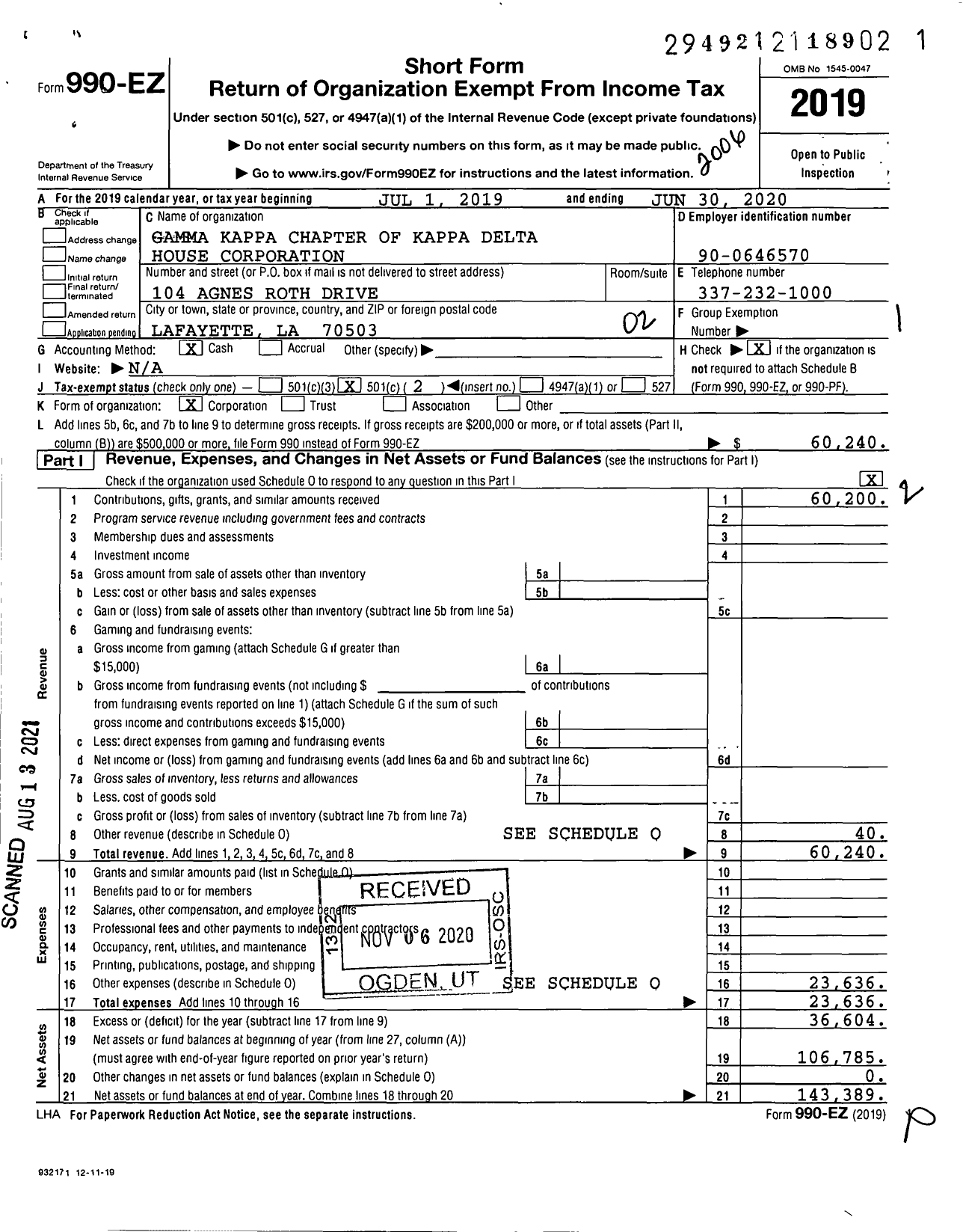 Image of first page of 2019 Form 990EO for Gamma Kappa Chapter of Kappa Delta House Corporation