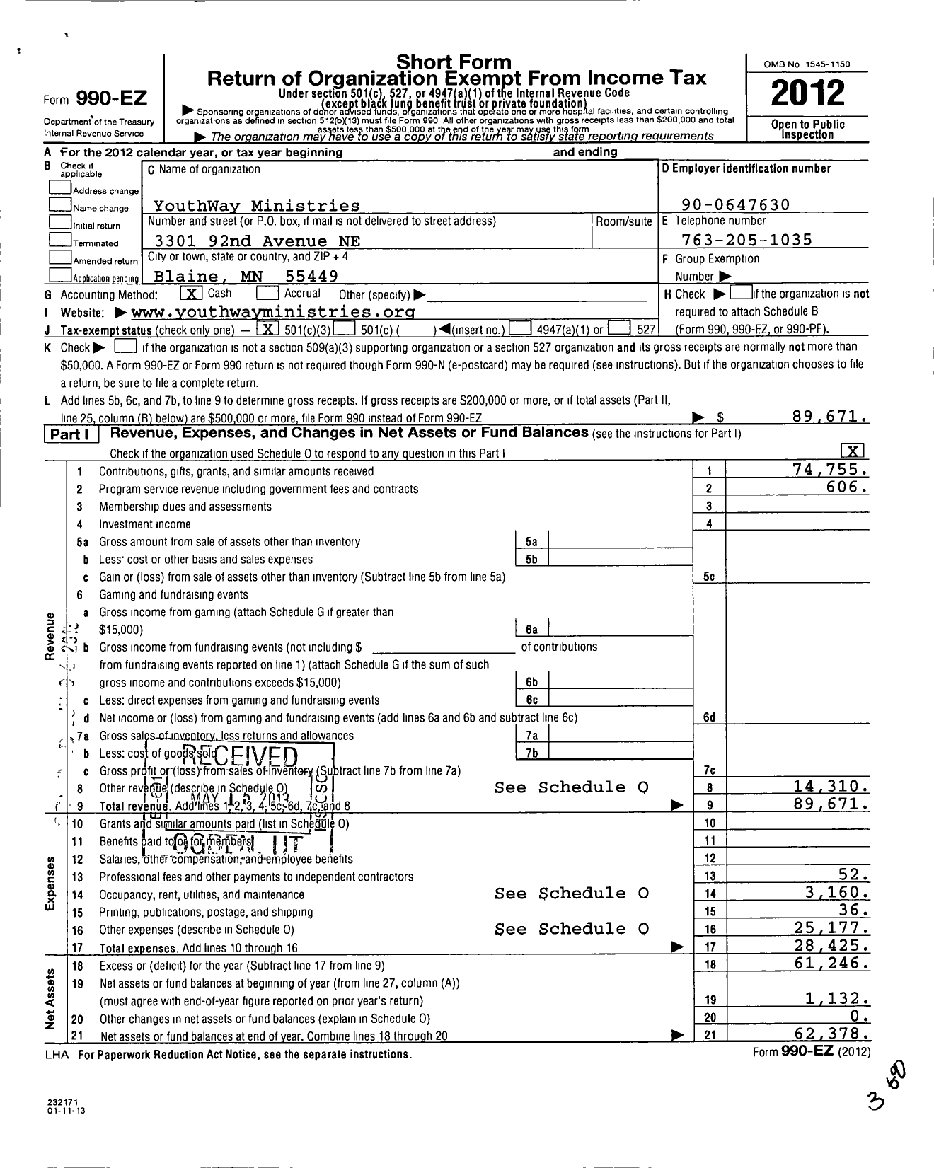 Image of first page of 2012 Form 990EZ for Youthway Ministries