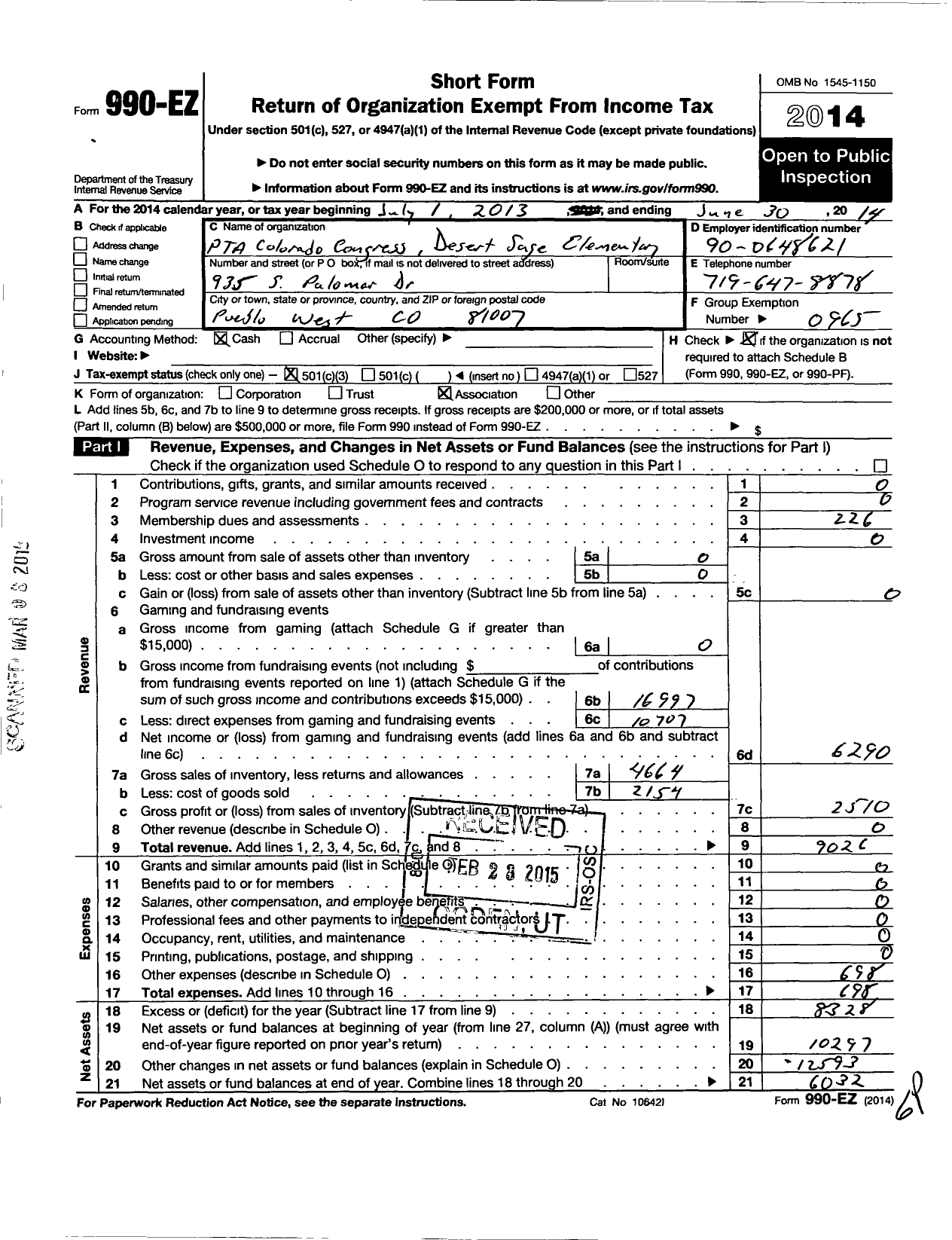 Image of first page of 2013 Form 990EZ for PTA Colorado Congress / Desert Sage Elementary PTA
