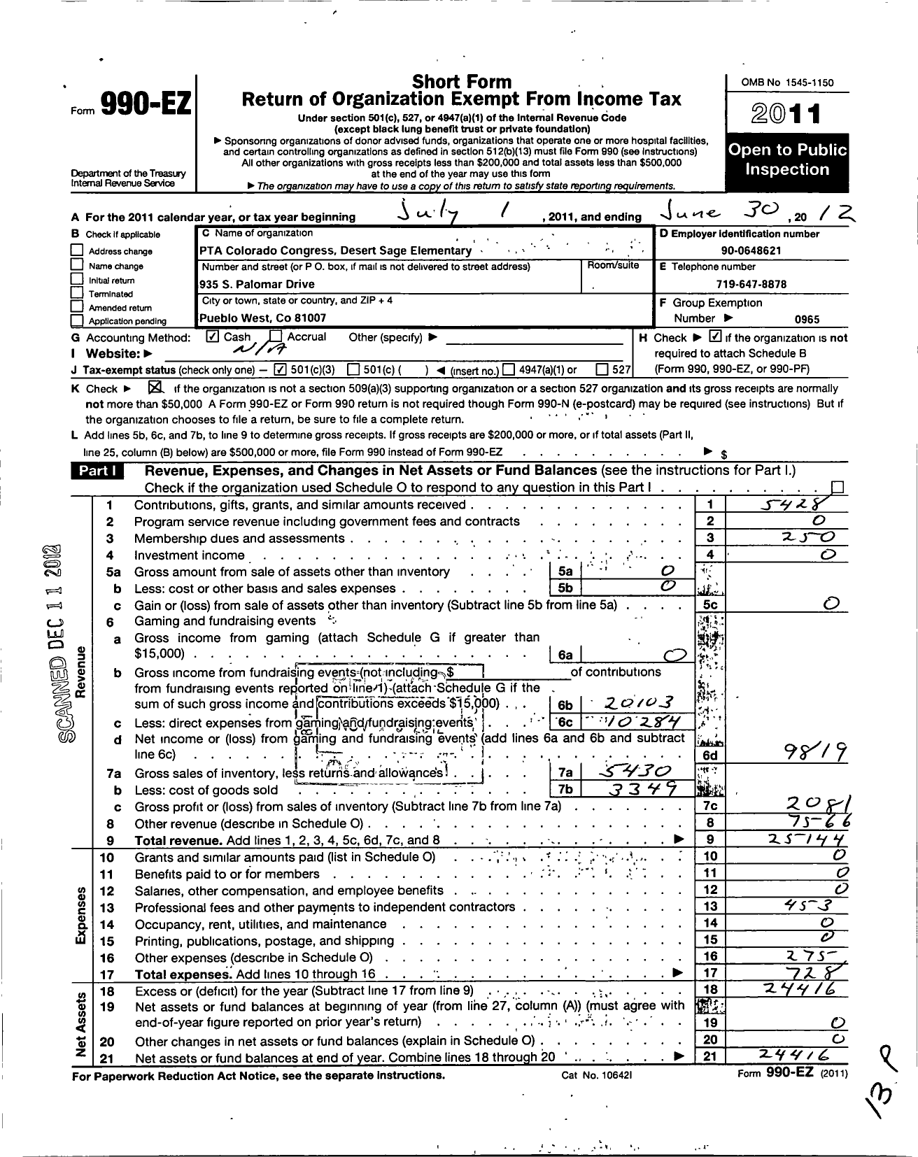 Image of first page of 2011 Form 990EZ for PTA Colorado Congress / Desert Sage Elementary PTA
