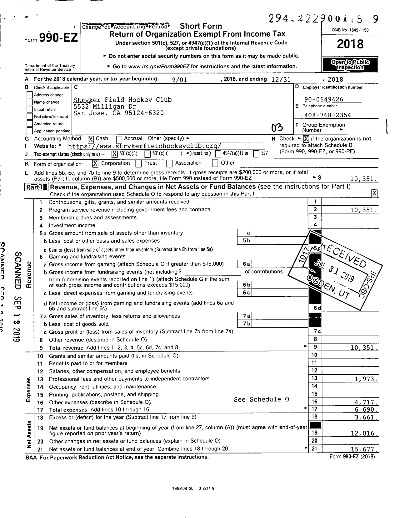 Image of first page of 2018 Form 990EZ for Stryker Field Hockey Club