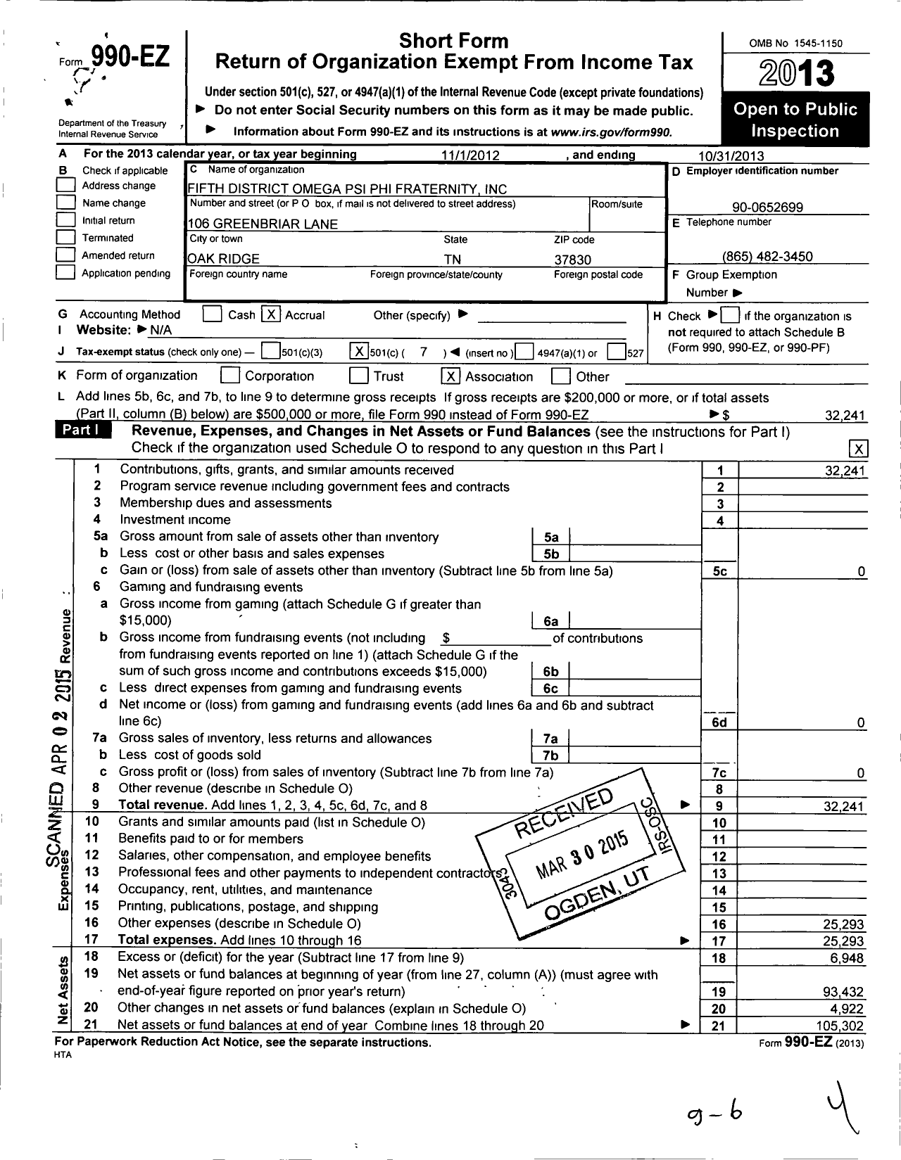 Image of first page of 2012 Form 990EO for Fifth District Omega Psi Phi Fraternity