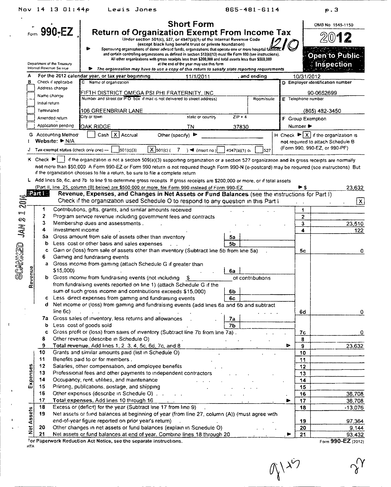 Image of first page of 2011 Form 990EO for Fifth District Omega Psi Phi Fraternity