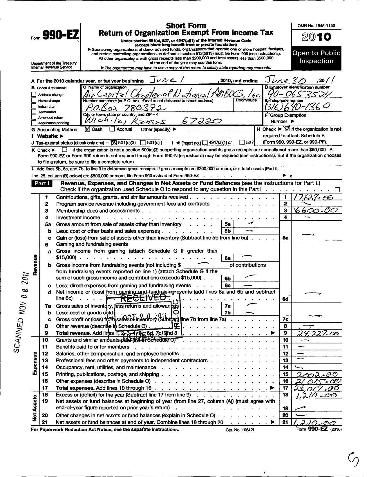 Image of first page of 2010 Form 990EZ for National Ambucs / Air Capitol Chapter