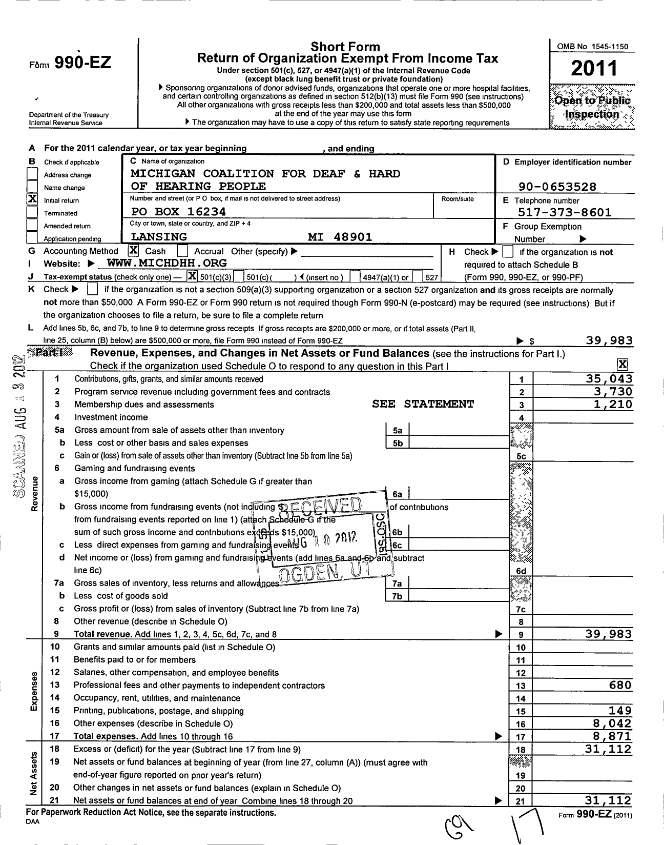 Image of first page of 2011 Form 990EZ for Michigan Coalition for Deaf and Hard of Hearing