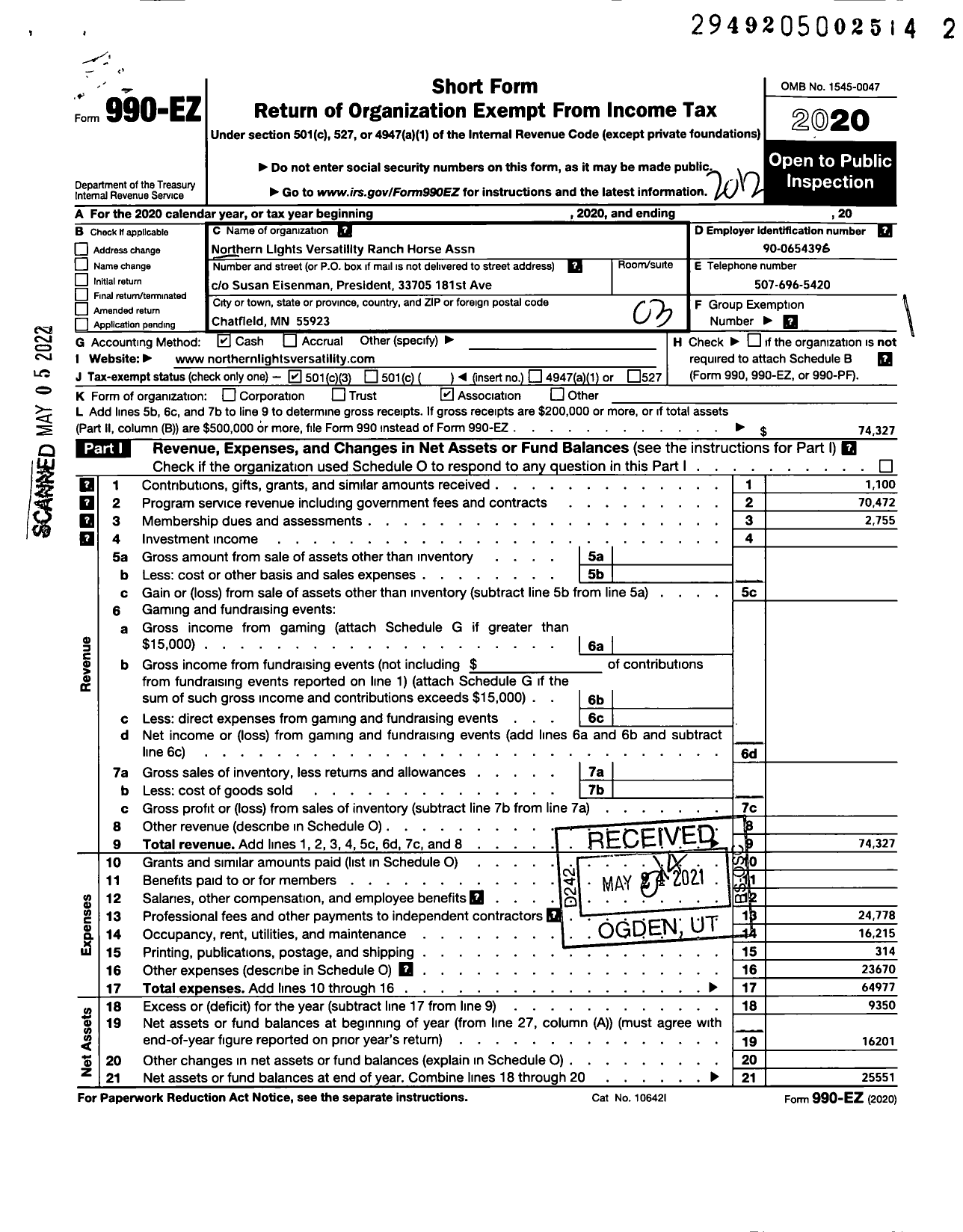 Image of first page of 2020 Form 990EZ for Northern Lights Versatility Ranch Horse Association (NLVRHA)