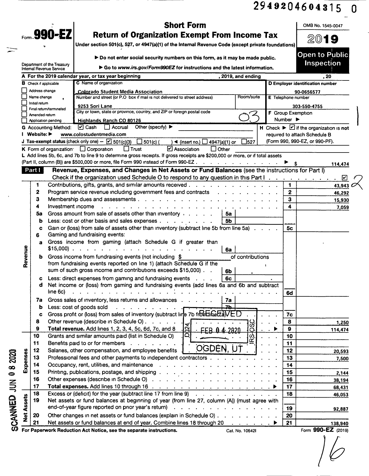 Image of first page of 2019 Form 990EZ for Colorado Student Media Association