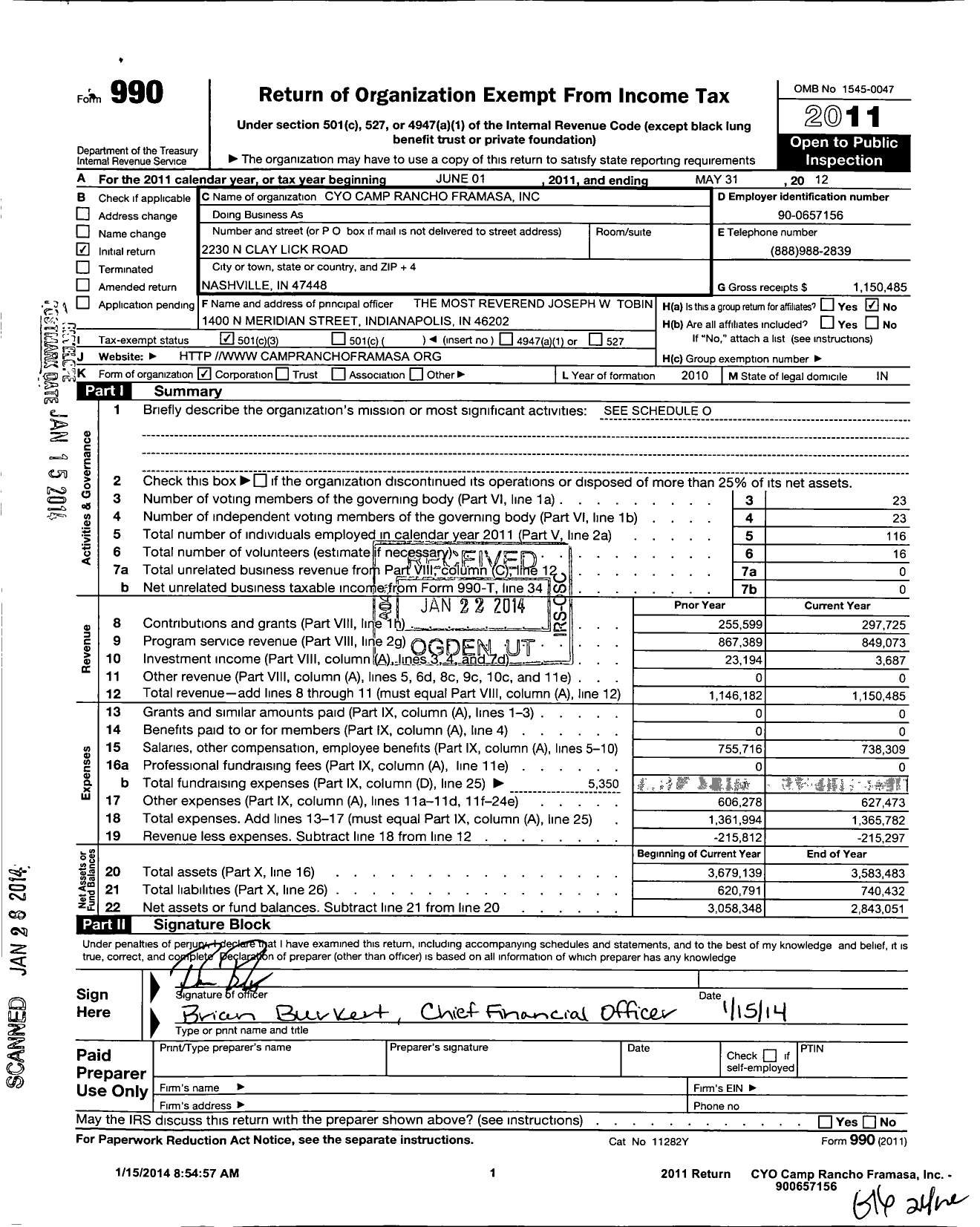 Image of first page of 2011 Form 990 for CYO Camp Rancho Framasa