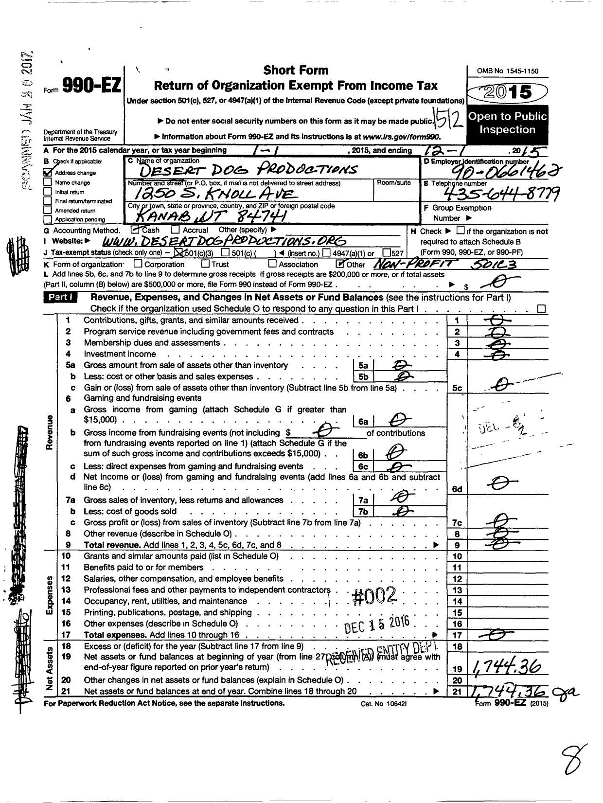 Image of first page of 2015 Form 990EZ for Desert Dog Productions