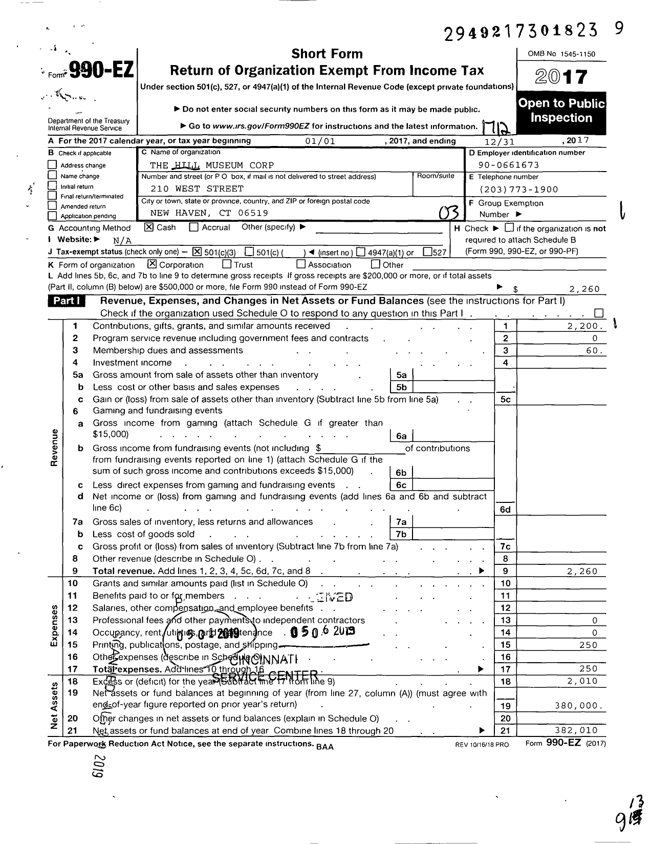 Image of first page of 2017 Form 990EZ for The Hill Museum Corporation