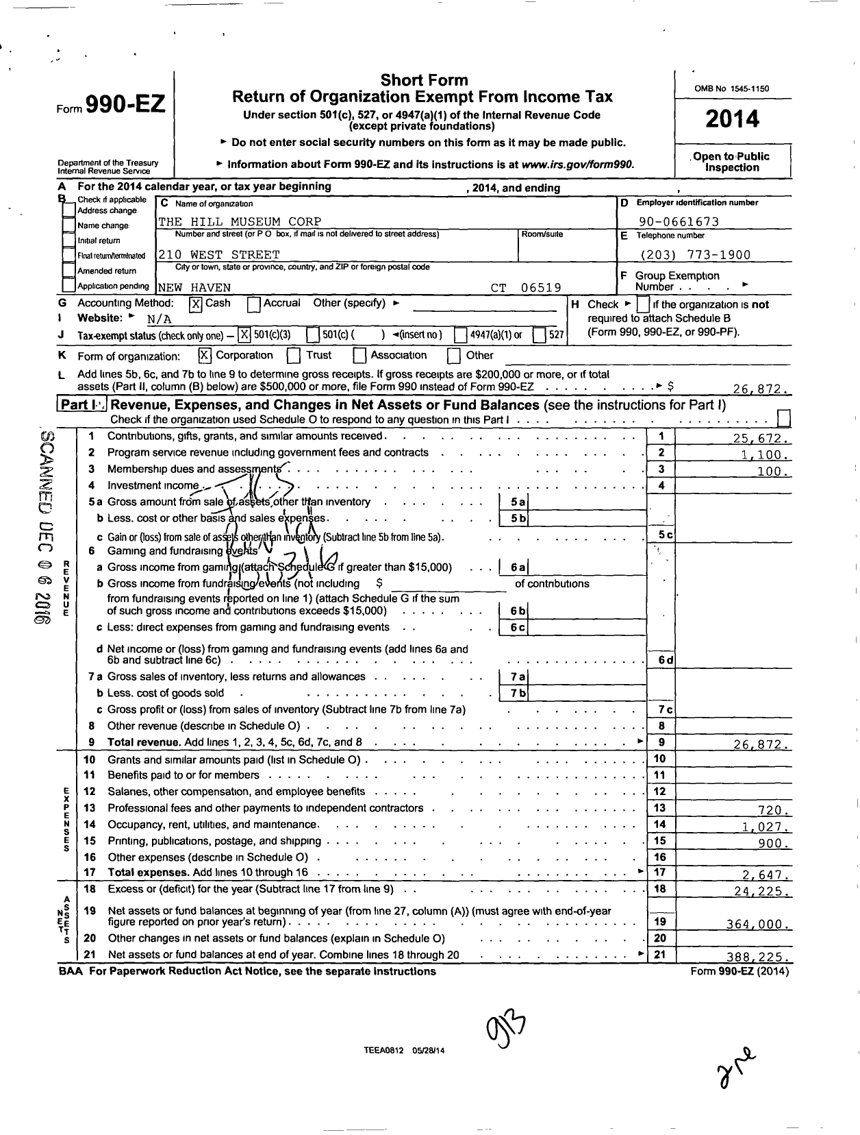 Image of first page of 2014 Form 990EZ for The Hill Museum Corporation