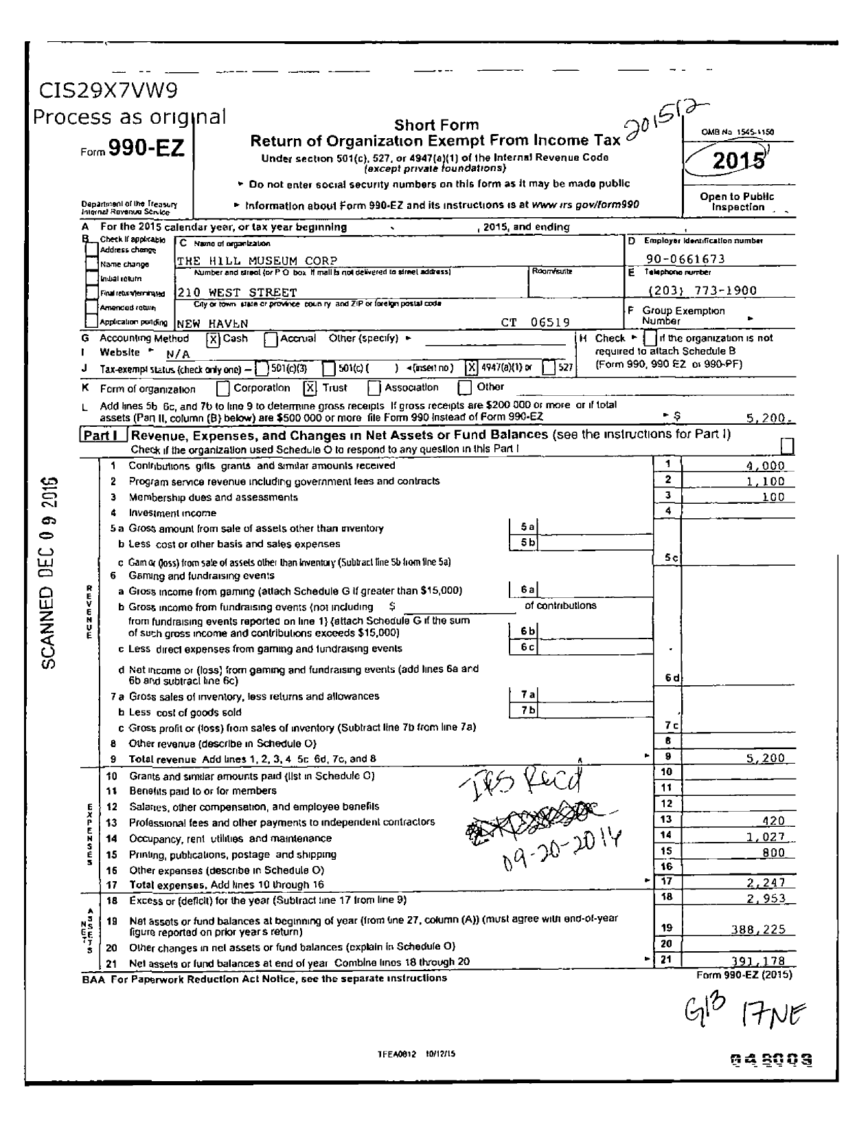 Image of first page of 2015 Form 990EO for The Hill Museum Corporation