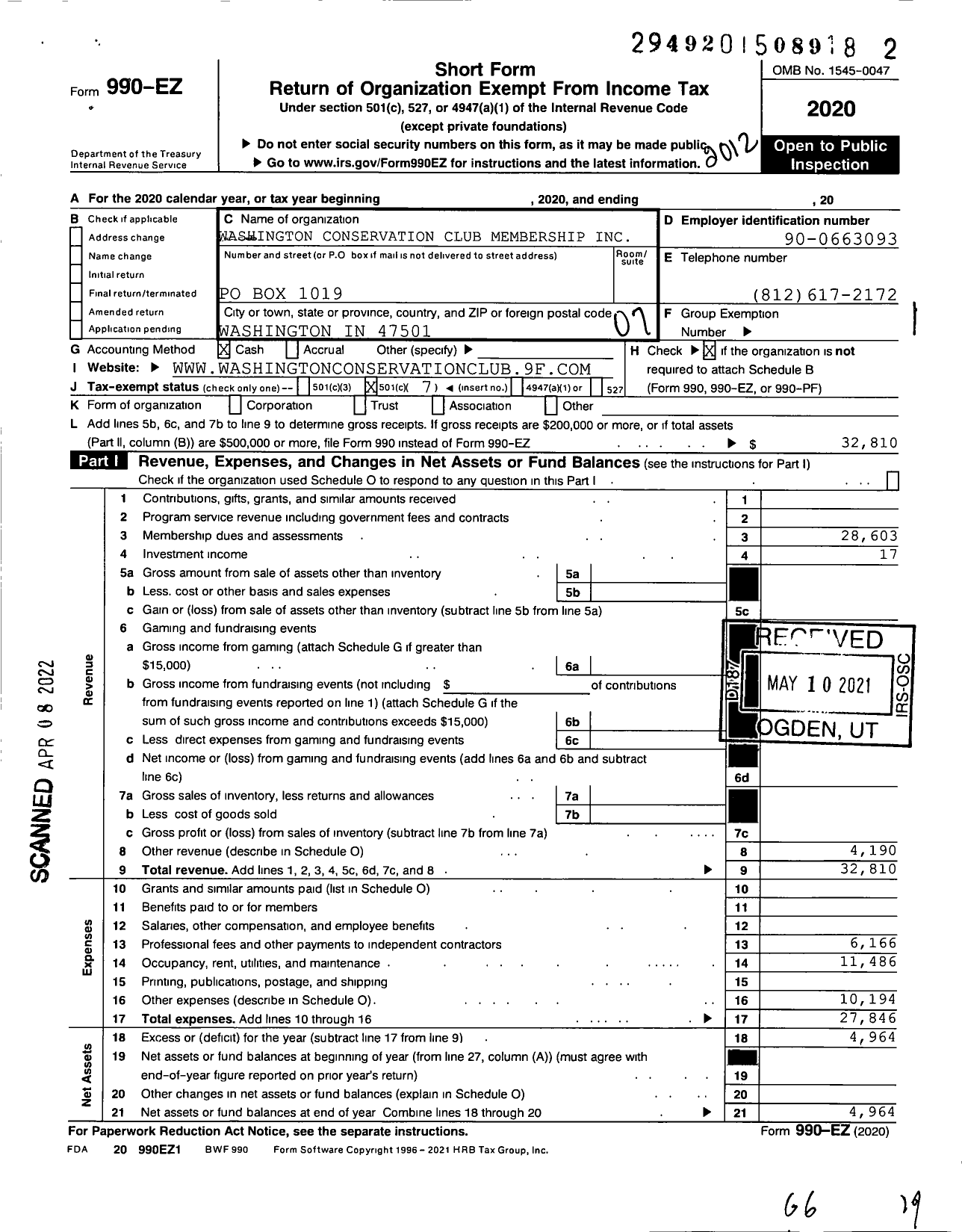 Image of first page of 2020 Form 990EO for Washington Conservation Club Membership