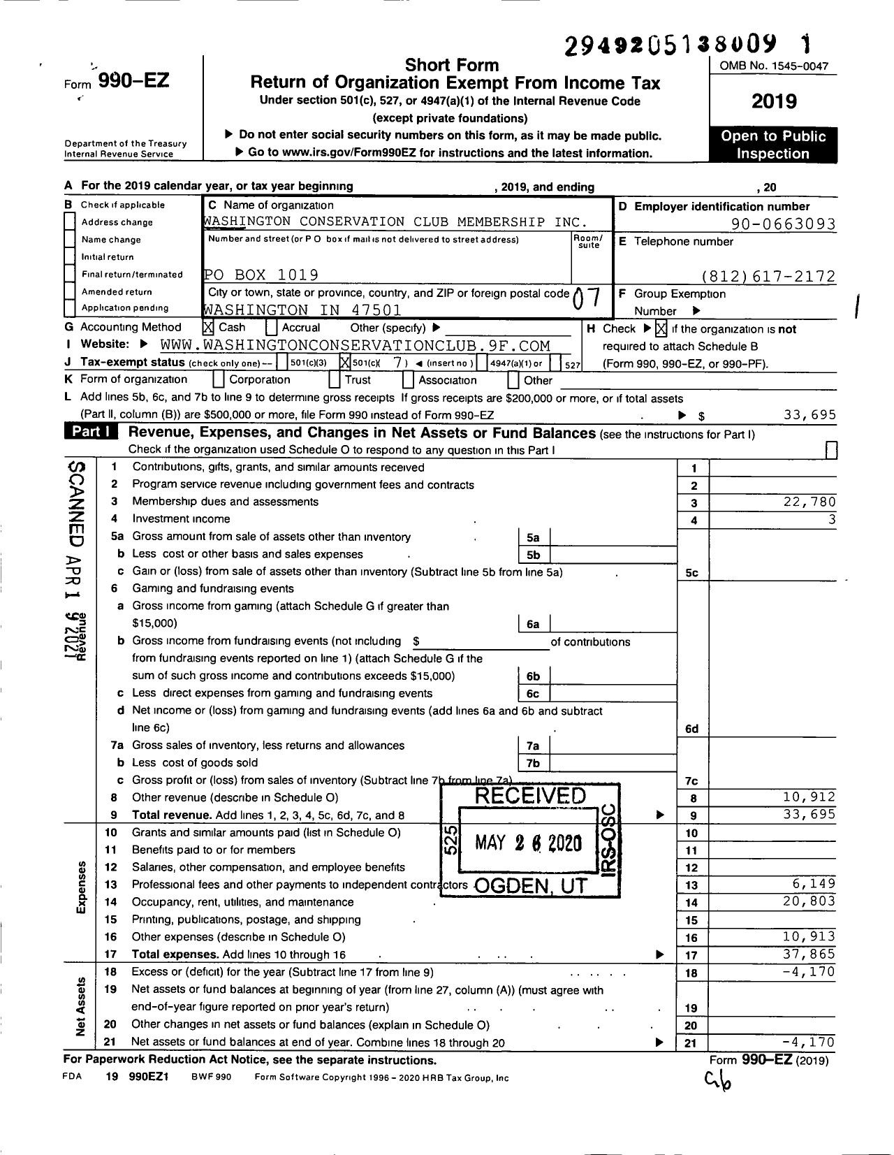 Image of first page of 2019 Form 990EO for Washington Conservation Club Membership