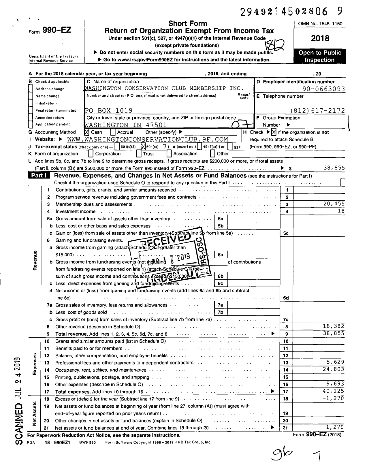 Image of first page of 2018 Form 990EO for Washington Conservation Club Membership