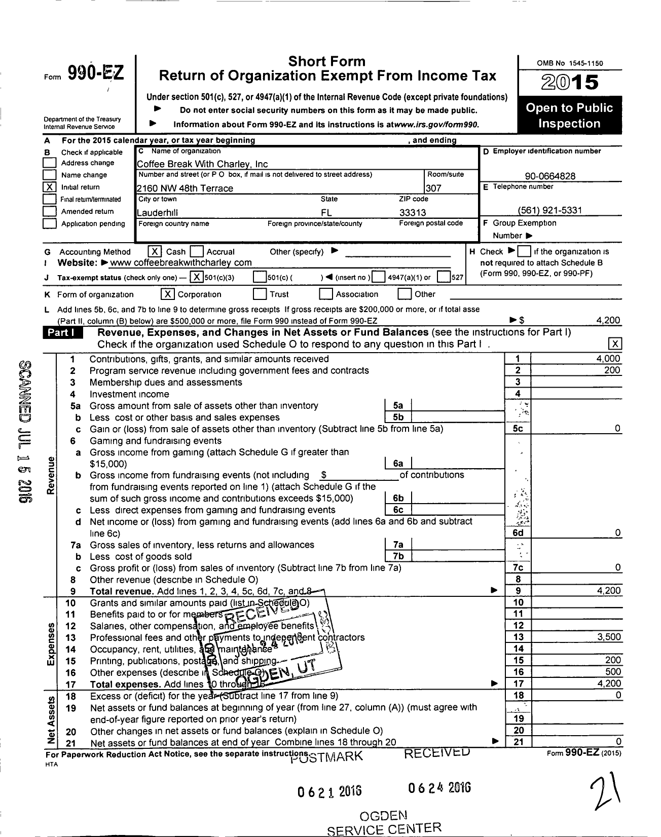 Image of first page of 2015 Form 990EZ for Coffee Break with Charley