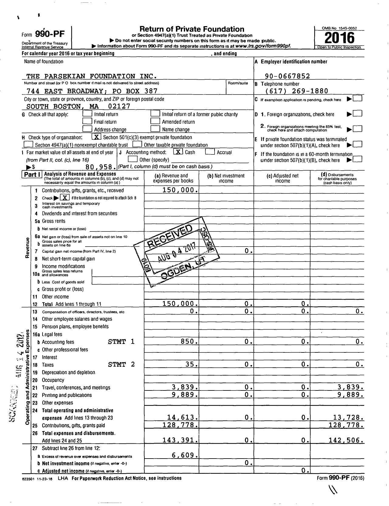 Image of first page of 2016 Form 990PF for The Parsekian Foundation