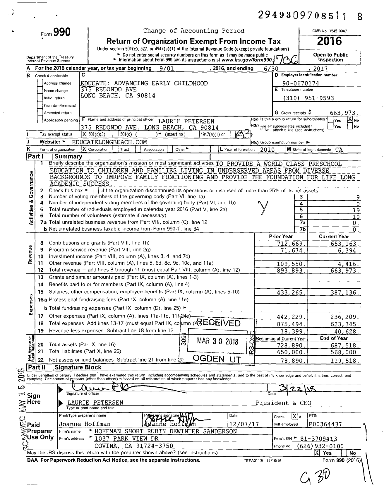 Image of first page of 2016 Form 990 for Educate Advancing Early Childhood