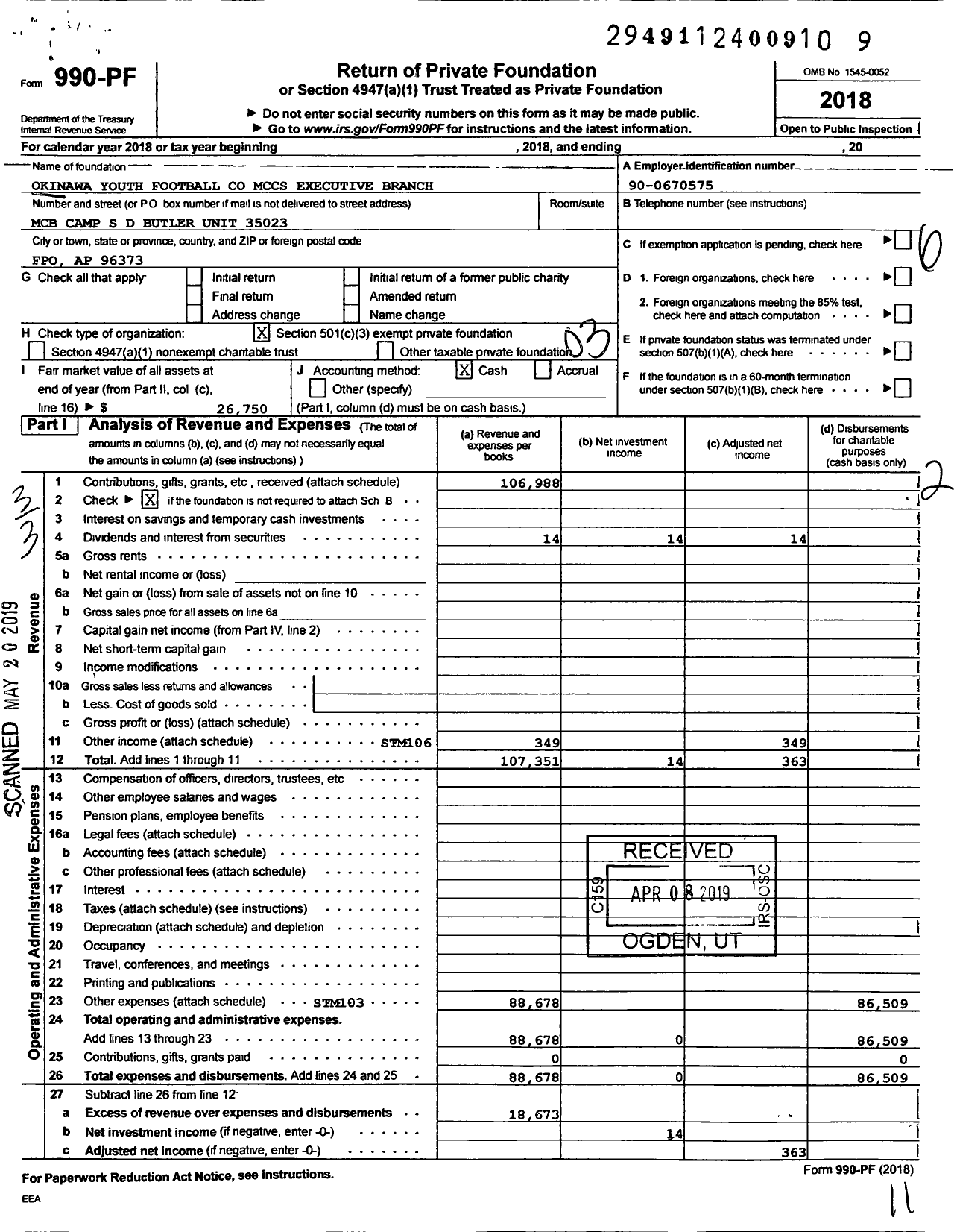 Image of first page of 2018 Form 990PF for Okinawa Youth Football MCCS Executive Branch