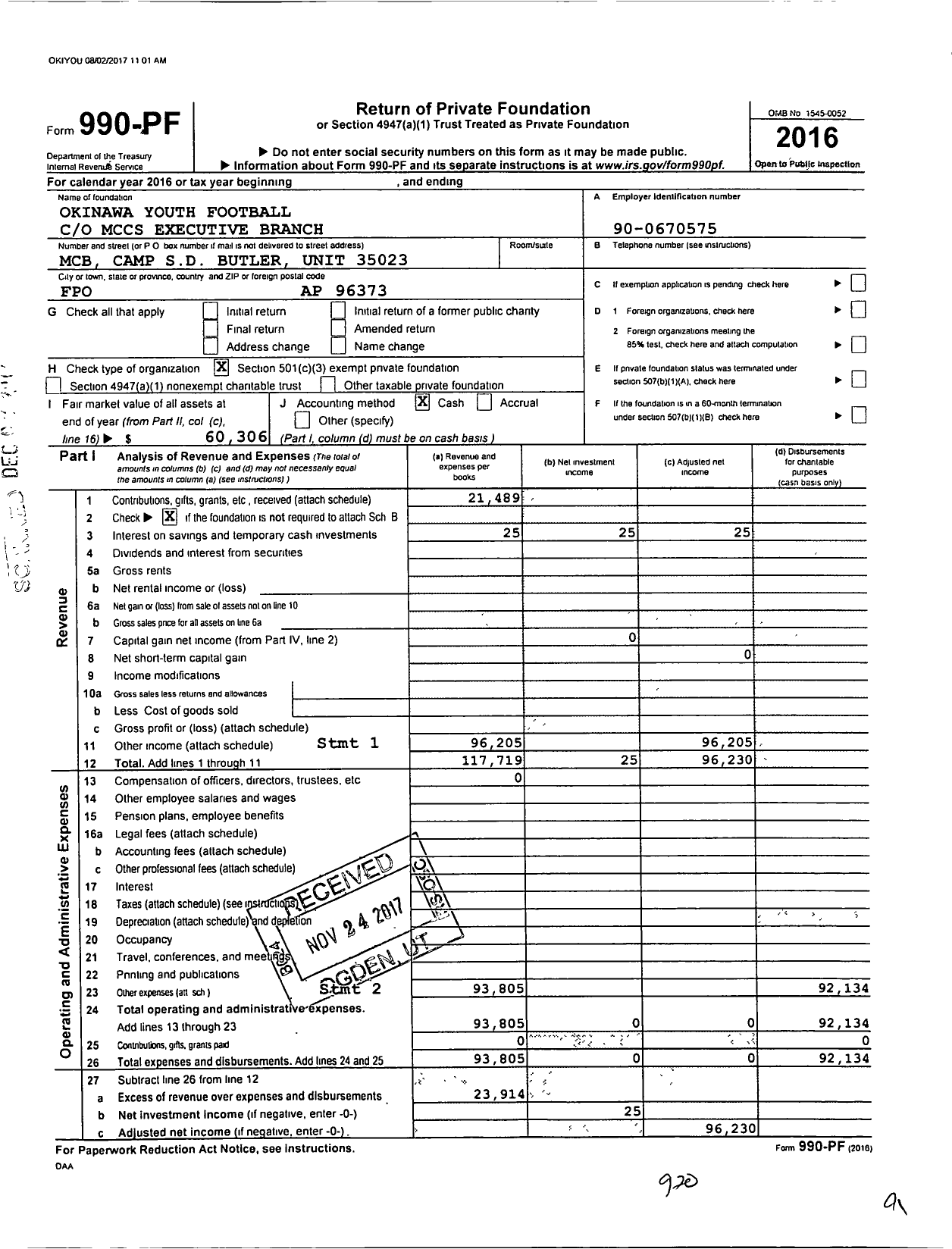 Image of first page of 2016 Form 990PF for Okinawa Youth Football MCCS Executive Branch