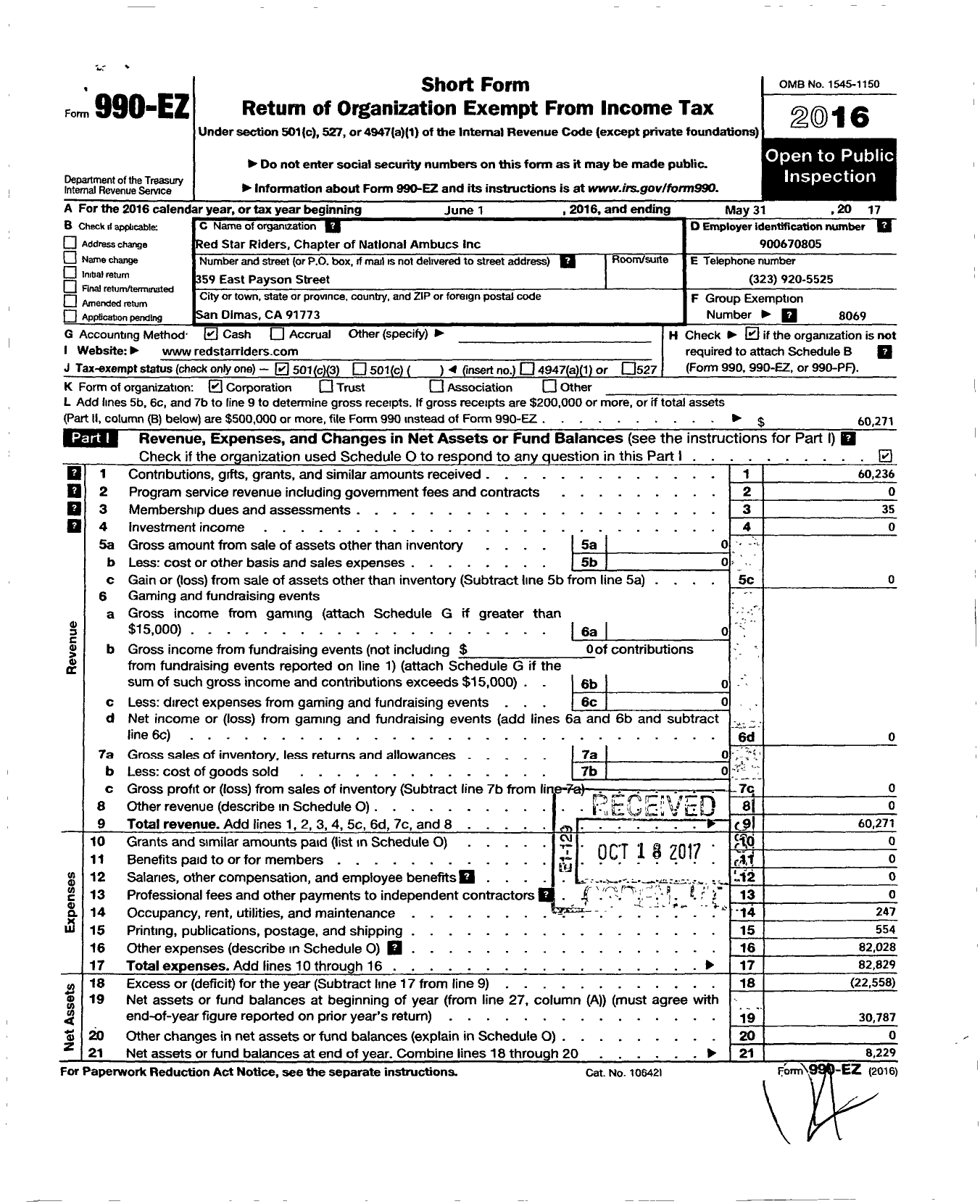 Image of first page of 2016 Form 990EZ for Red Star Riders Chapter of National Ambucs