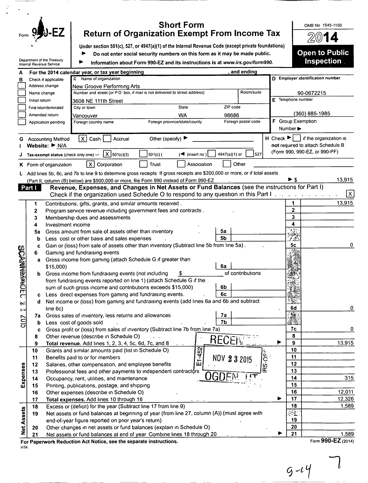 Image of first page of 2014 Form 990EZ for New Groove Performing Arts