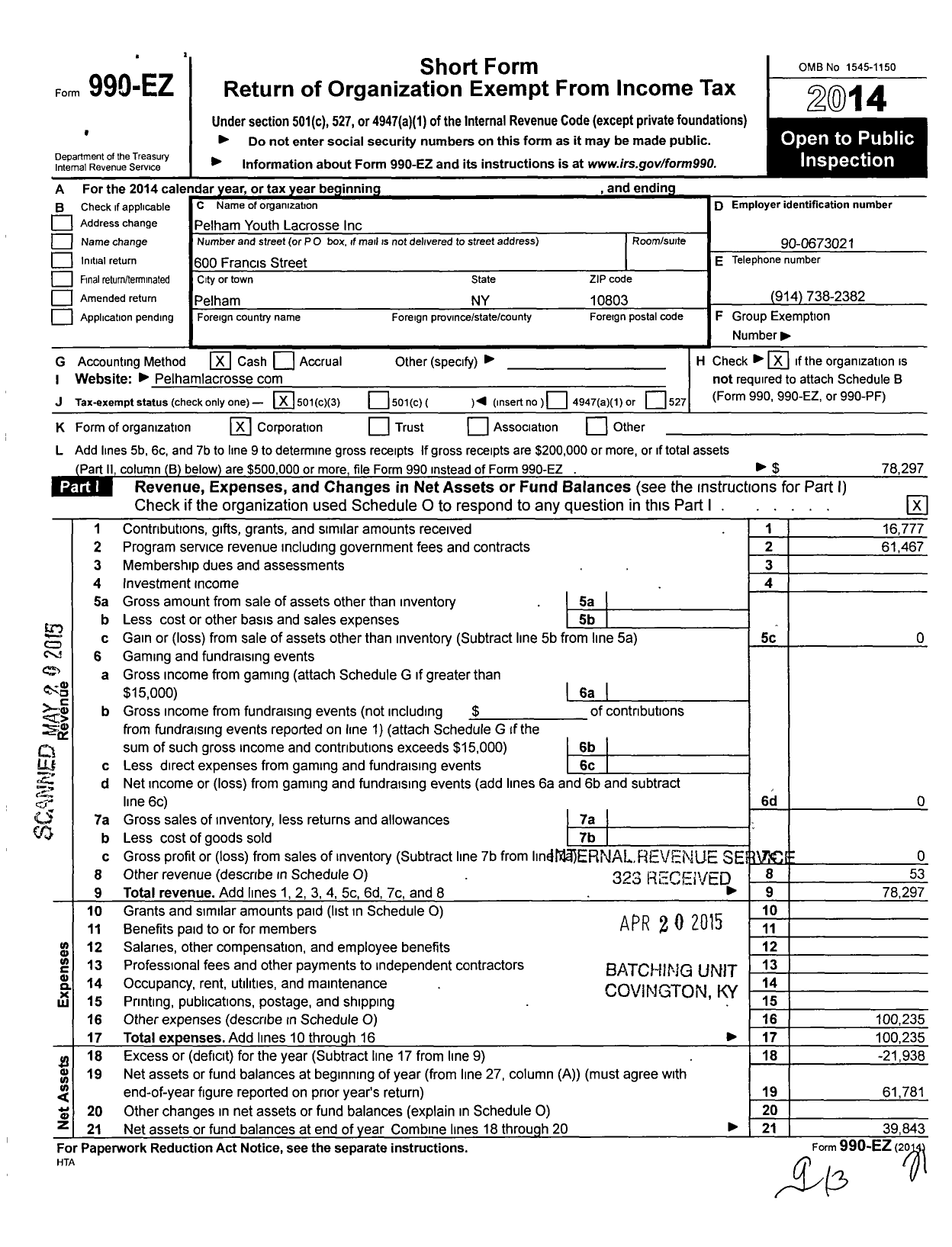 Image of first page of 2014 Form 990EZ for Pelham Youth Lacrosse