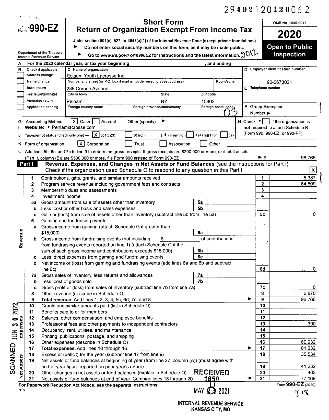 Image of first page of 2020 Form 990EZ for Pelham Youth Lacrosse