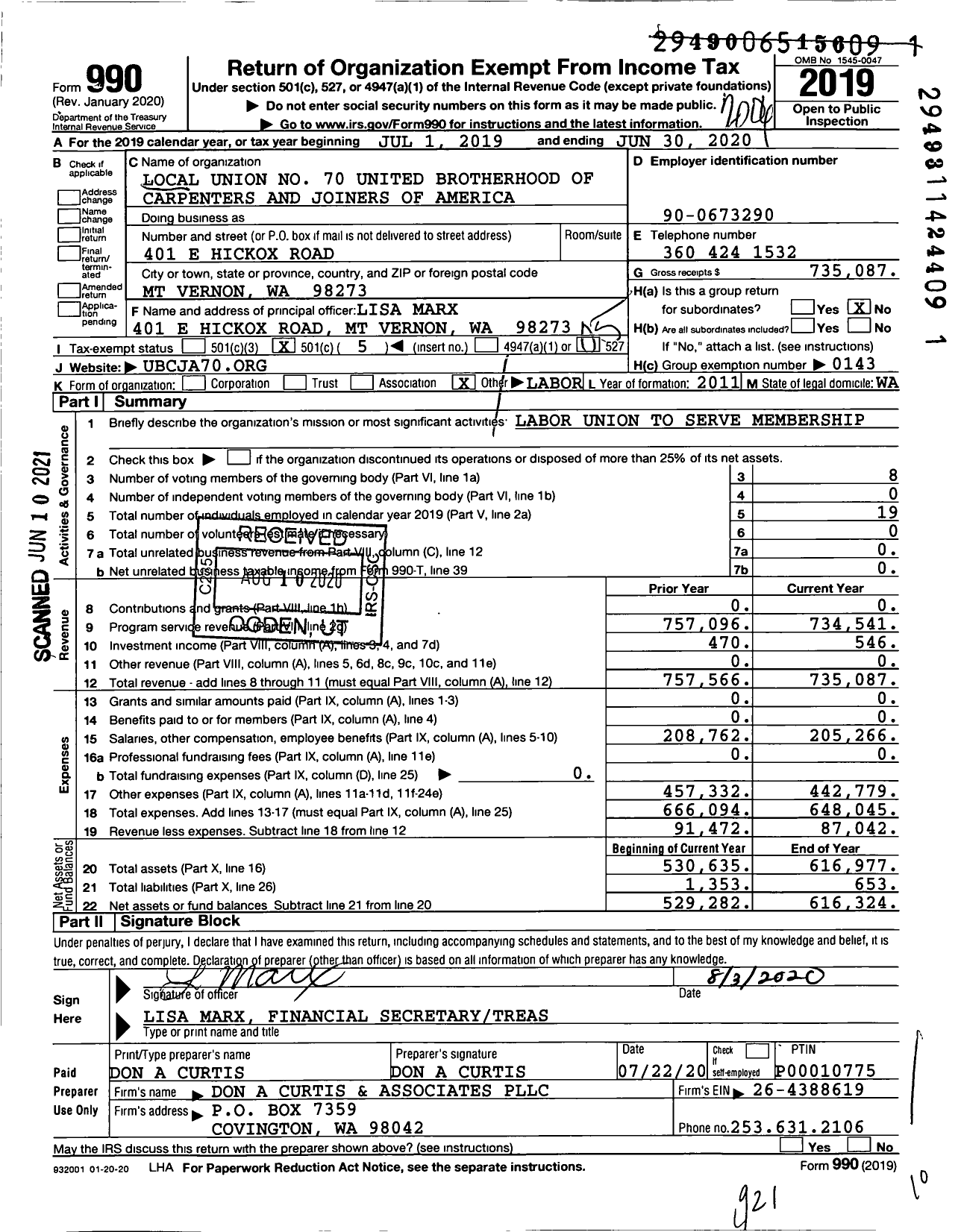 Image of first page of 2019 Form 990O for United Brotherhood of Carpenters & Joiners - 70 Local Union