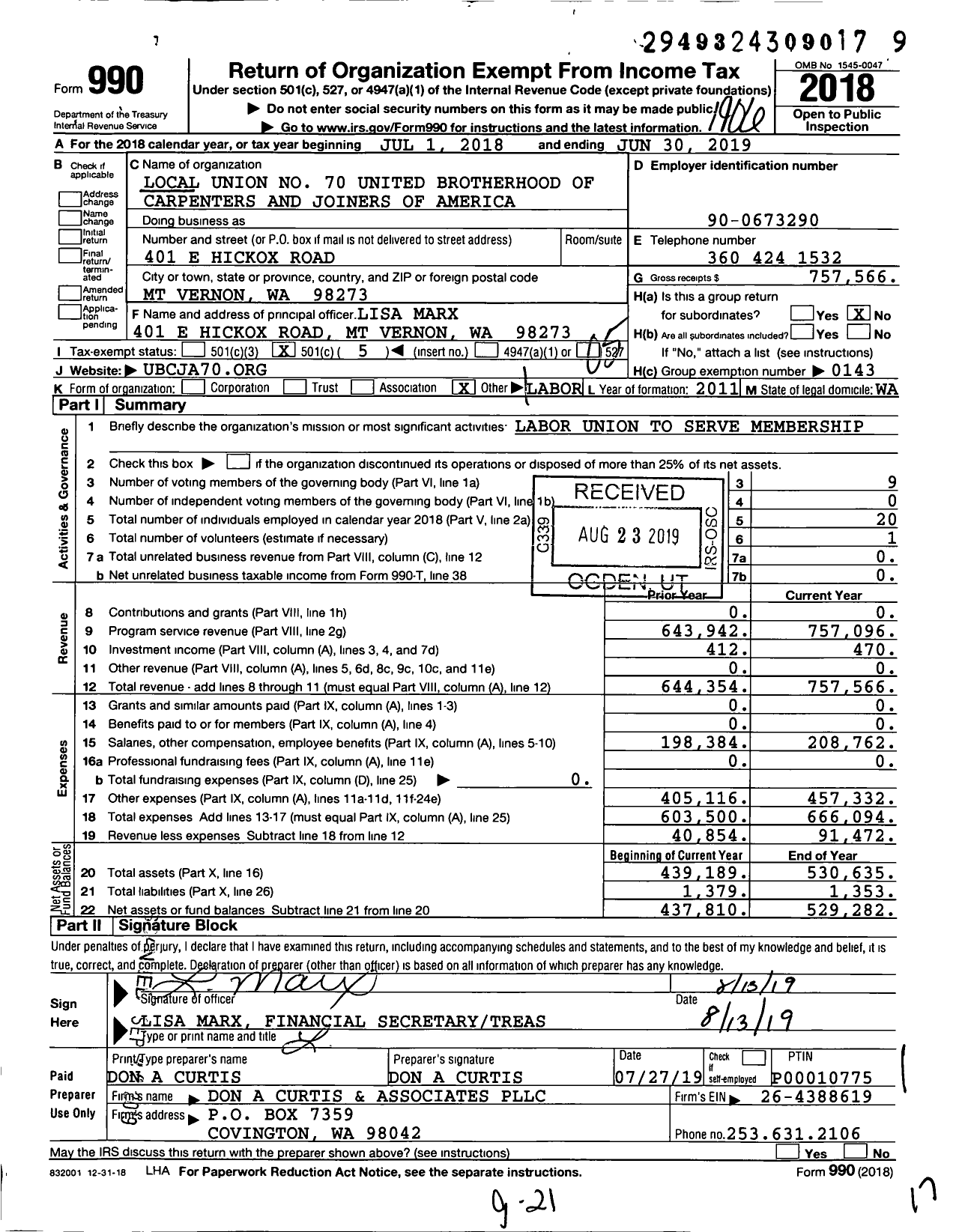 Image of first page of 2018 Form 990O for United Brotherhood of Carpenters & Joiners - 70 Local Union