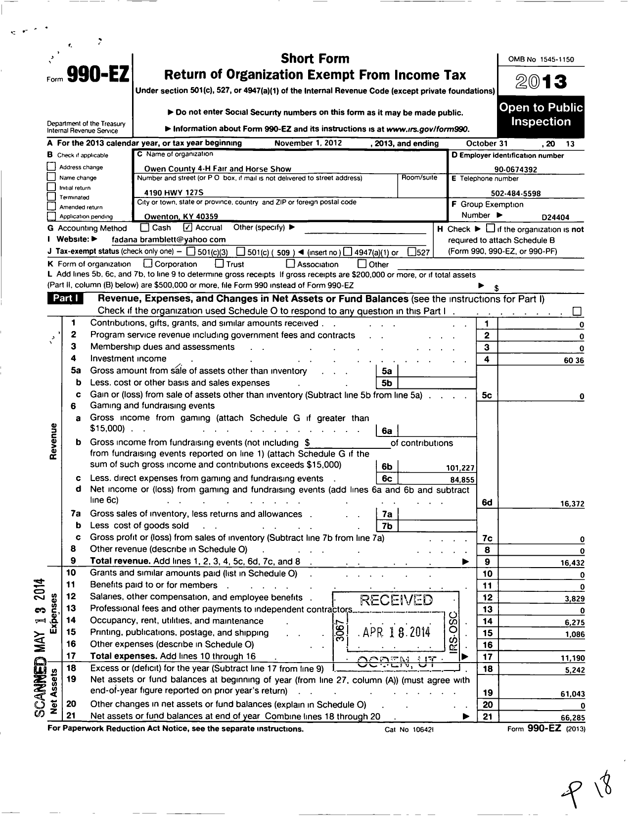 Image of first page of 2012 Form 990EO for Owen County 4-H Fair and Horse Show