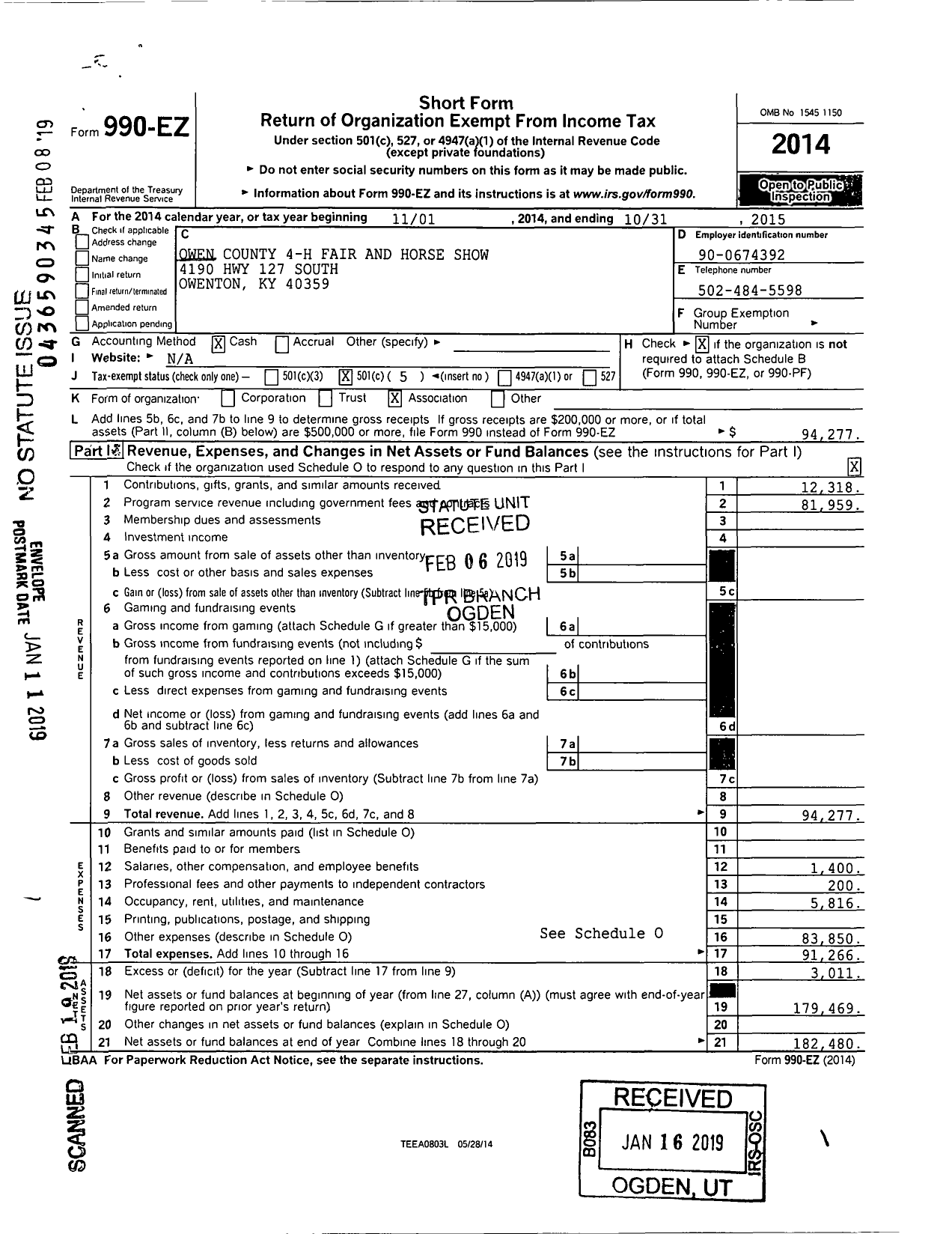 Image of first page of 2014 Form 990EOA for Owen County 4-H Fair and Horse Show