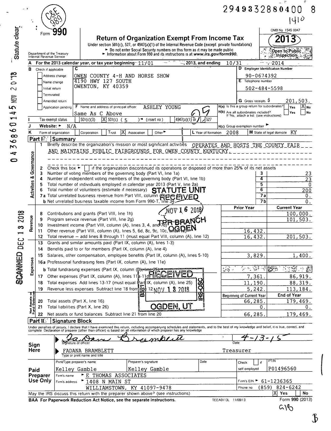 Image of first page of 2013 Form 990O for Owen County 4-H Fair and Horse Show