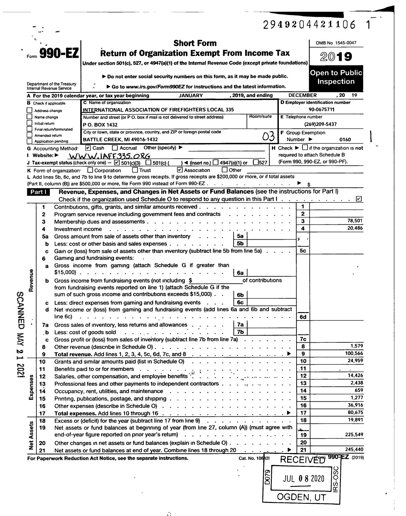 Image of first page of 2019 Form 990EZ for International Association of Fire Fighters - L0335 Battle Creek