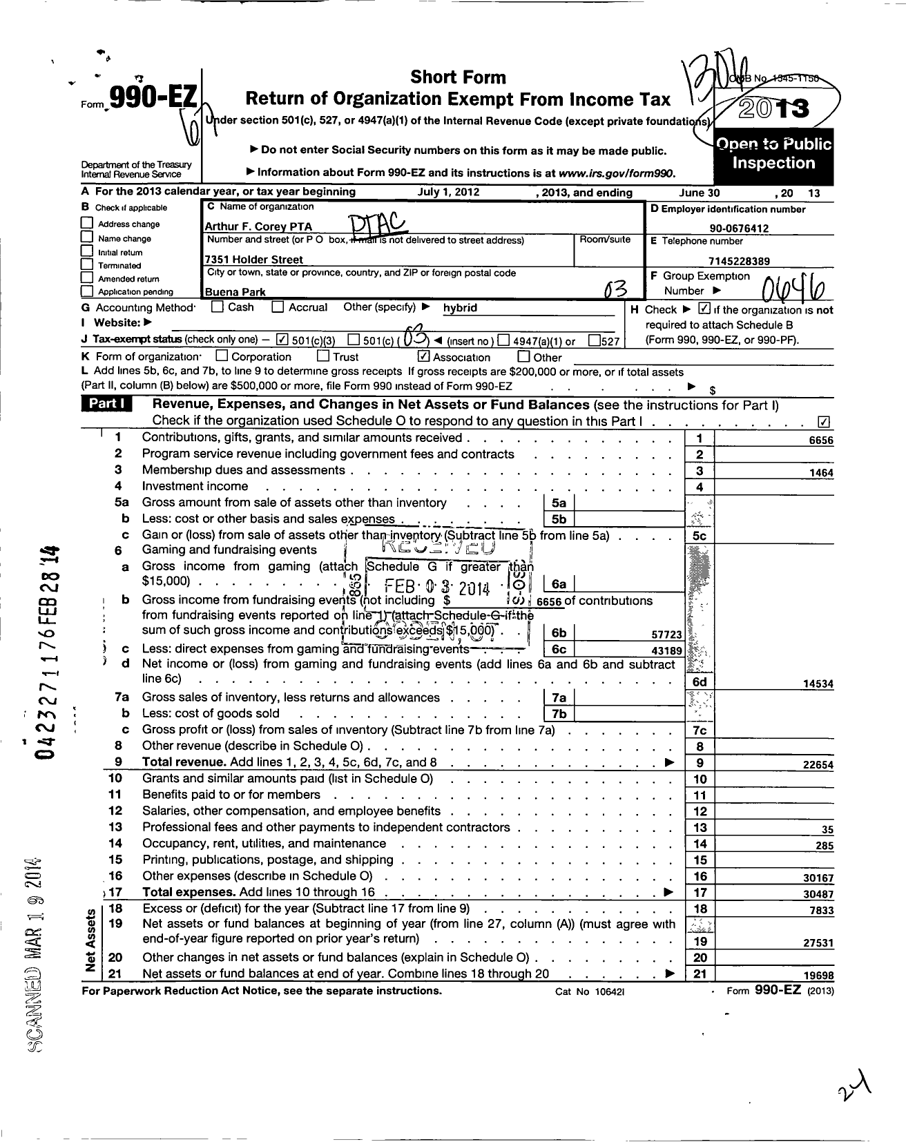 Image of first page of 2012 Form 990EZ for California State PTA - Arthur F Corey PTA