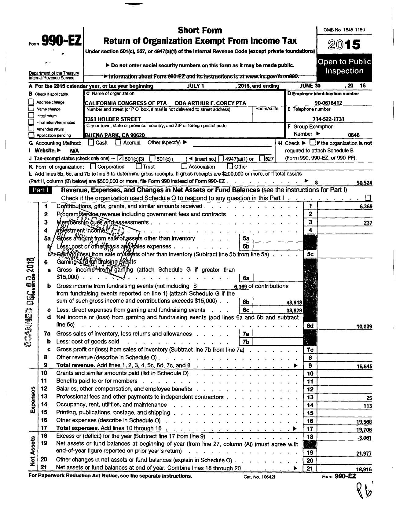 Image of first page of 2015 Form 990EZ for California State PTA - Arthur F Corey PTA