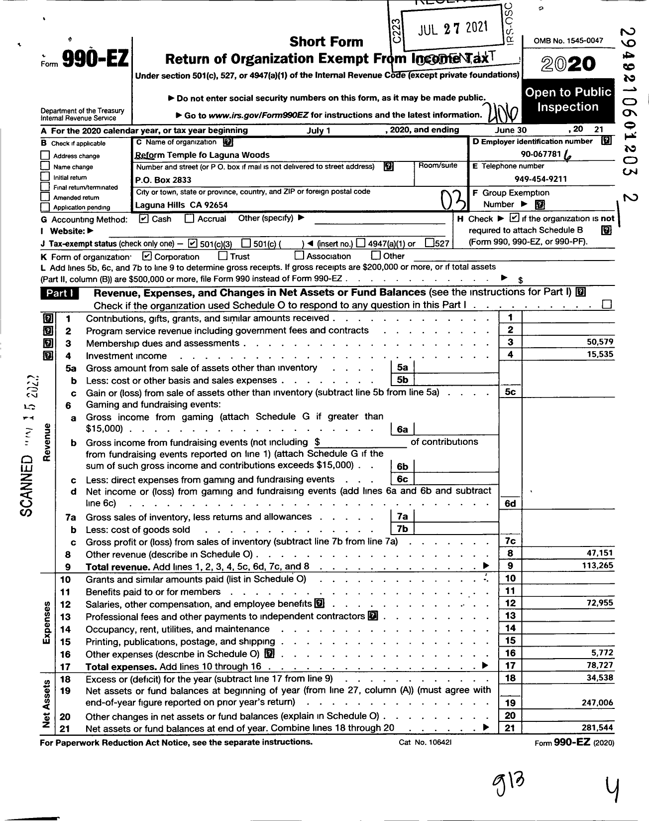 Image of first page of 2020 Form 990EZ for Reform Temple of Laguna Woods