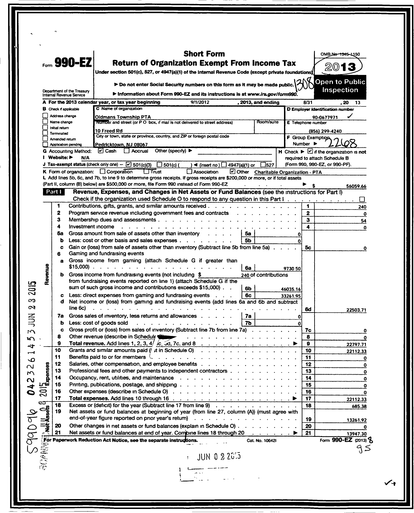 Image of first page of 2012 Form 990EZ for New Jersey PTA - 21026 Oldmans TWP PTA