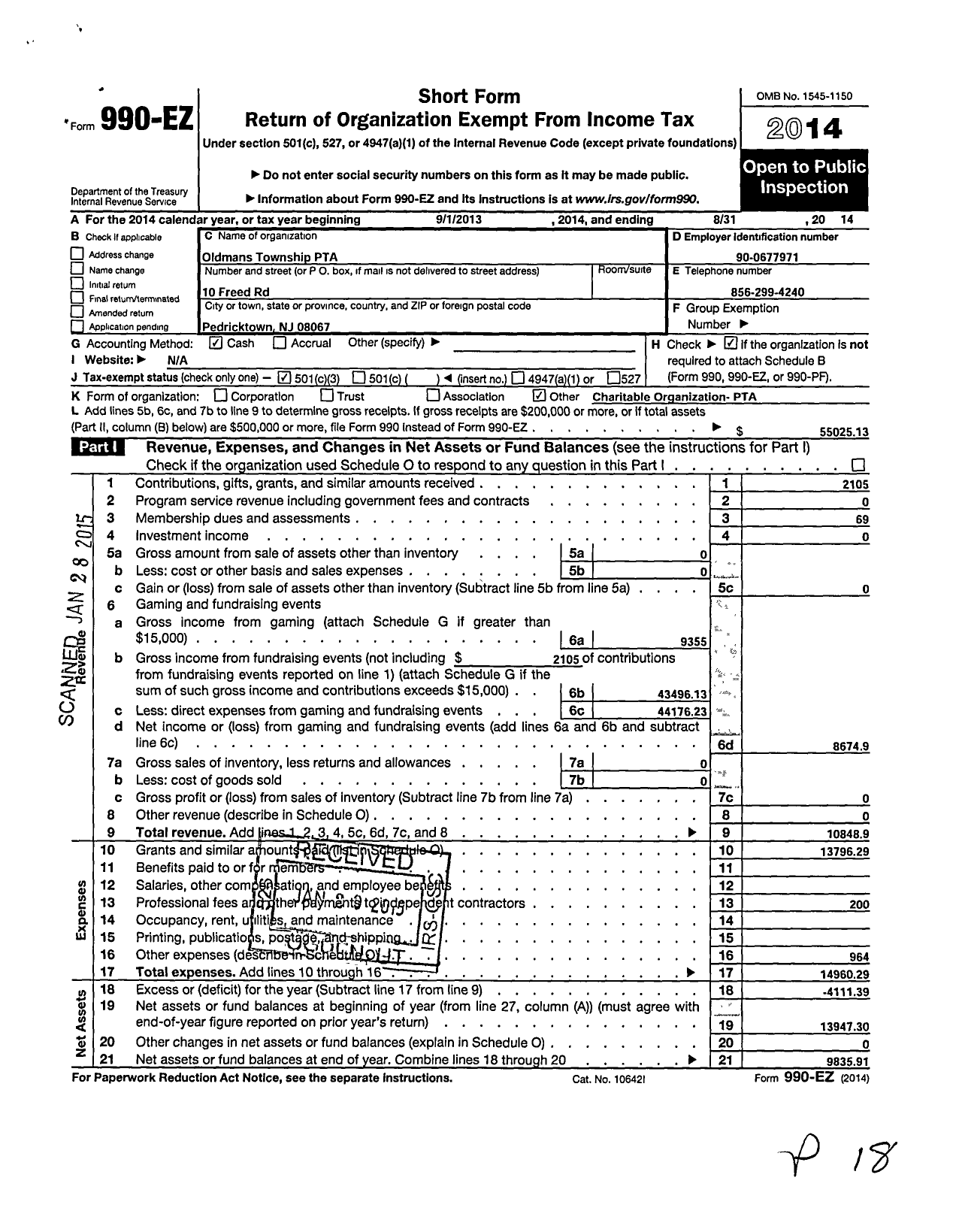 Image of first page of 2013 Form 990EZ for New Jersey PTA - 21026 Oldmans TWP PTA