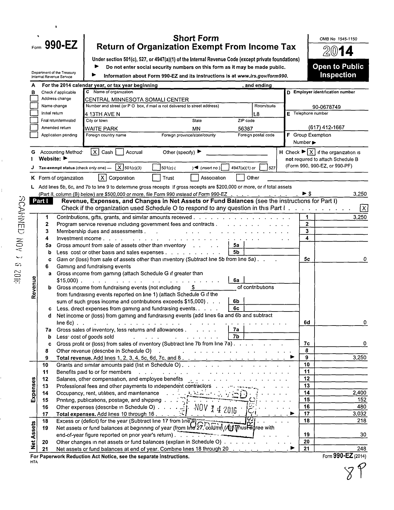 Image of first page of 2014 Form 990EZ for Central Minnesota Somali Center