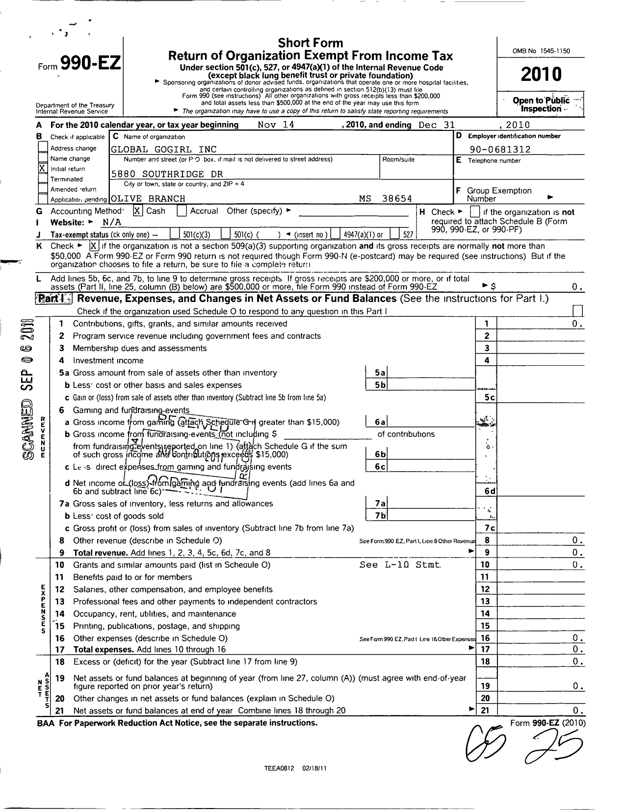 Image of first page of 2010 Form 990EO for Global Gogirl