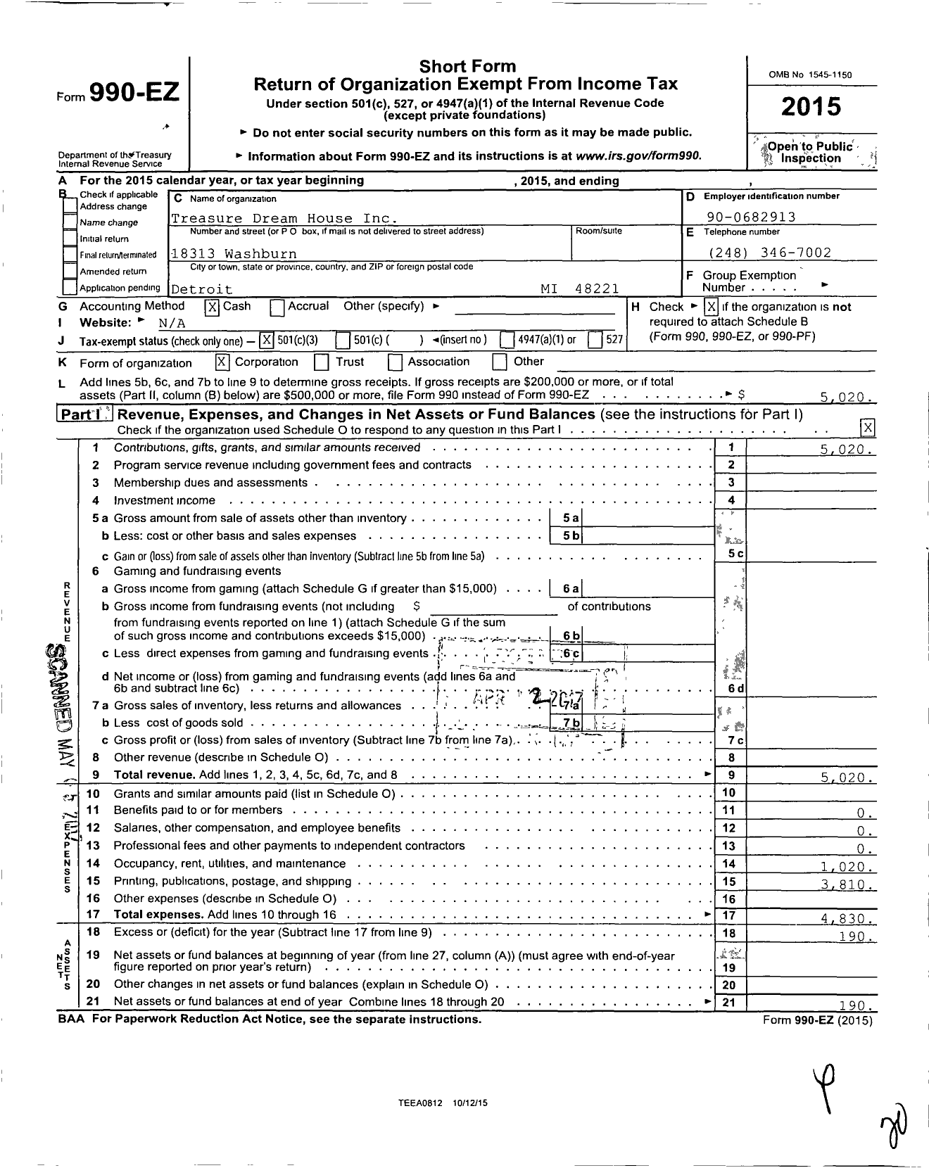 Image of first page of 2015 Form 990EZ for Treasure Dream House