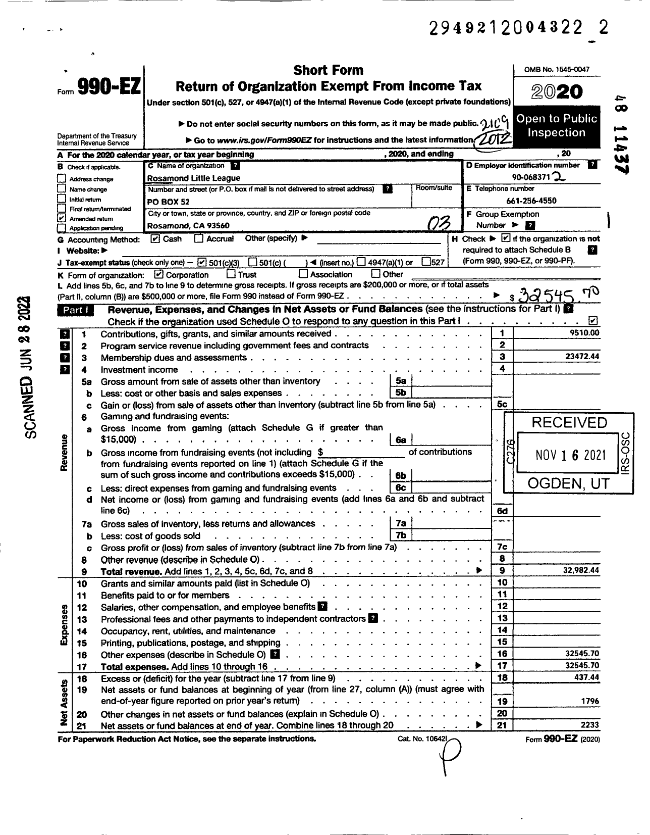 Image of first page of 2020 Form 990EZ for Little League Baseball - 4055116 Rosamond LL