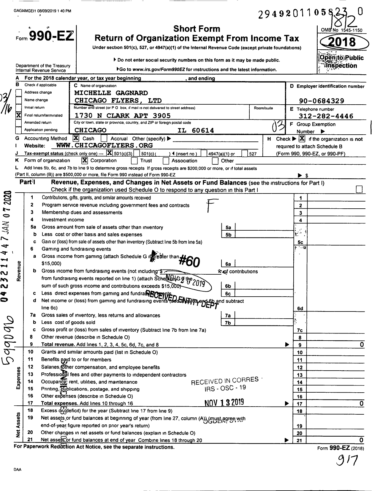 Image of first page of 2018 Form 990EZ for Chicago Flyers