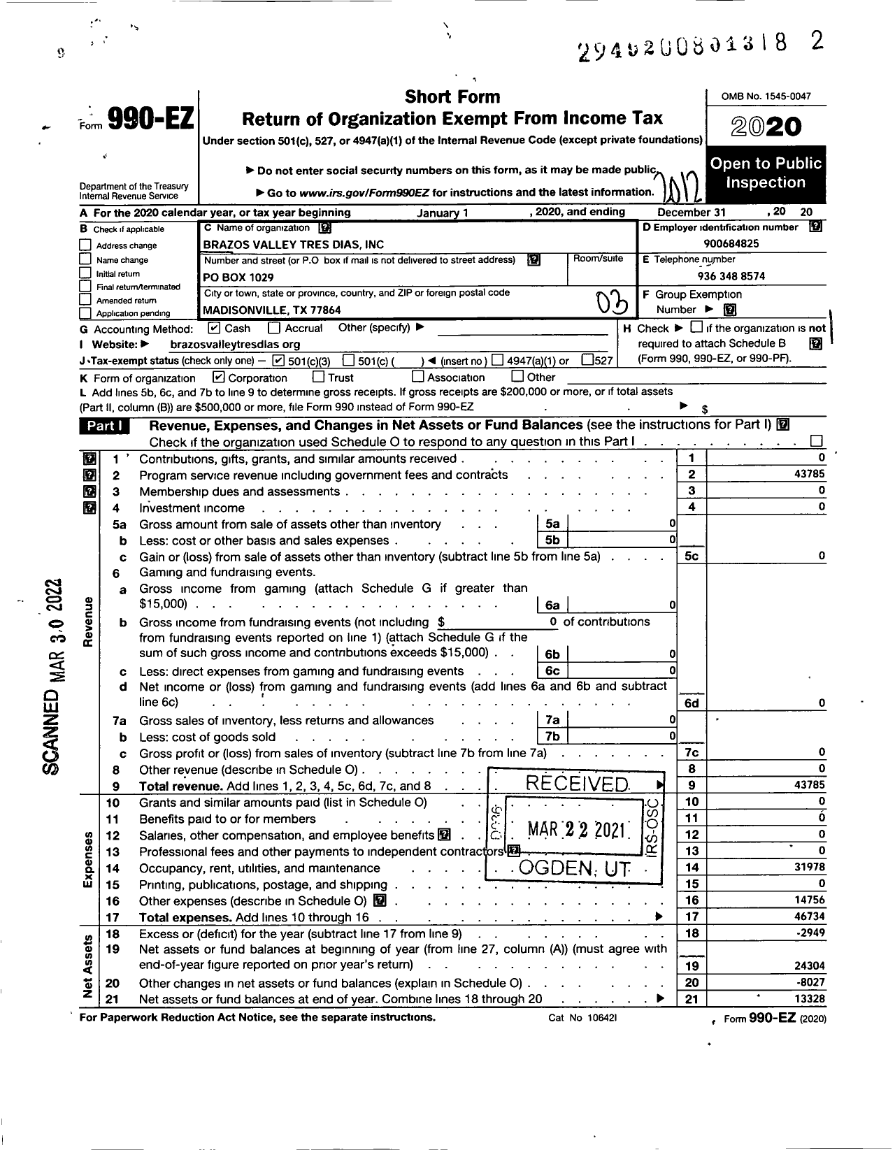 Image of first page of 2020 Form 990EZ for Brazos Valley Tres Dias