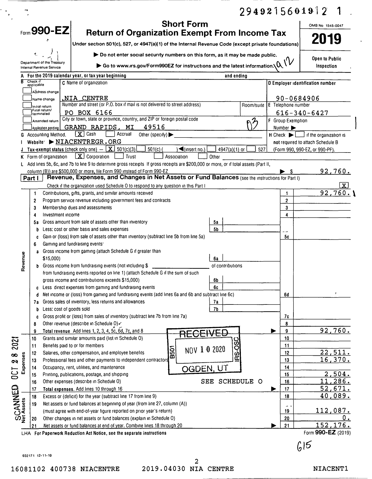 Image of first page of 2019 Form 990EZ for Nia Centre