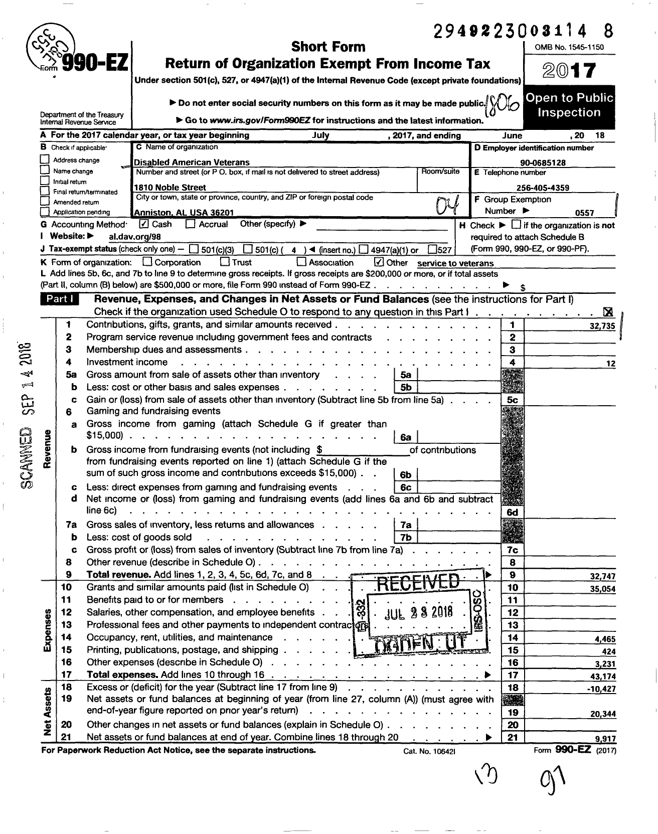 Image of first page of 2017 Form 990EO for Disabled American Veterans - 98 Anniston Oxford