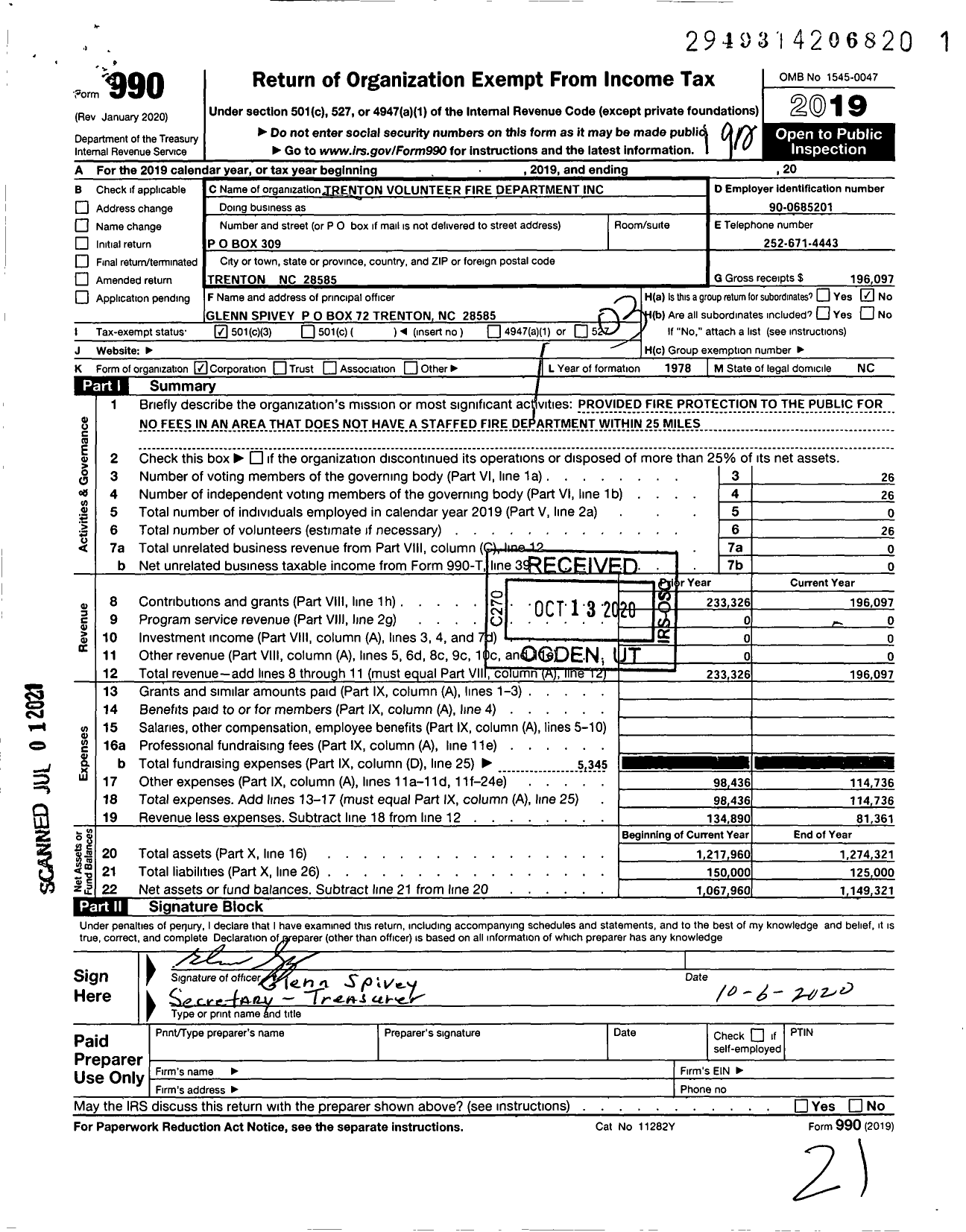 Image of first page of 2019 Form 990 for Trenton Volunteer Fire Department