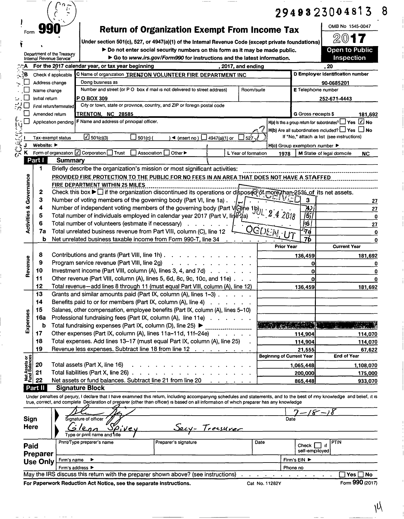 Image of first page of 2017 Form 990 for Trenton Volunteer Fire Department